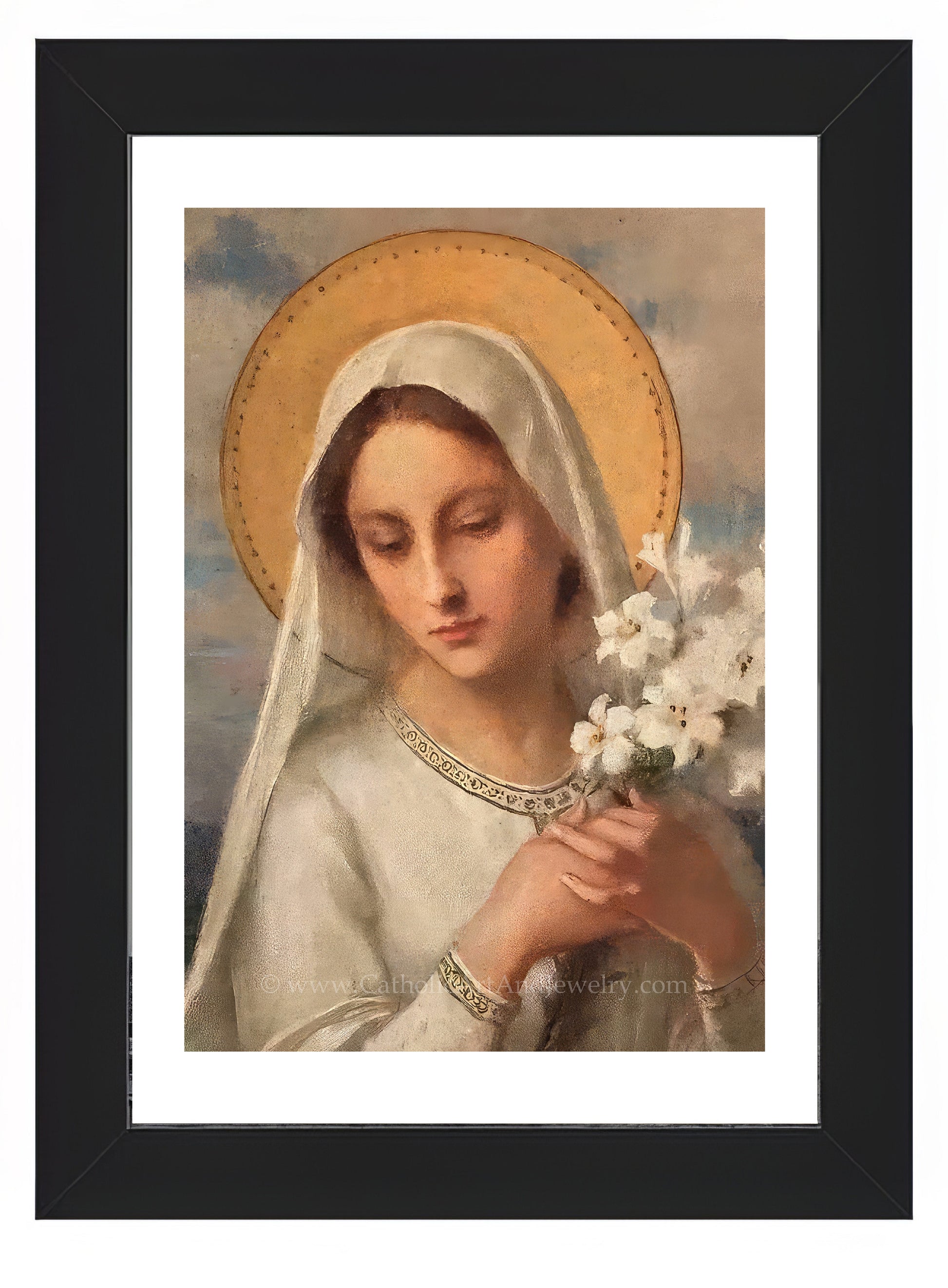 a painting of a woman holding a bouquet of flowers