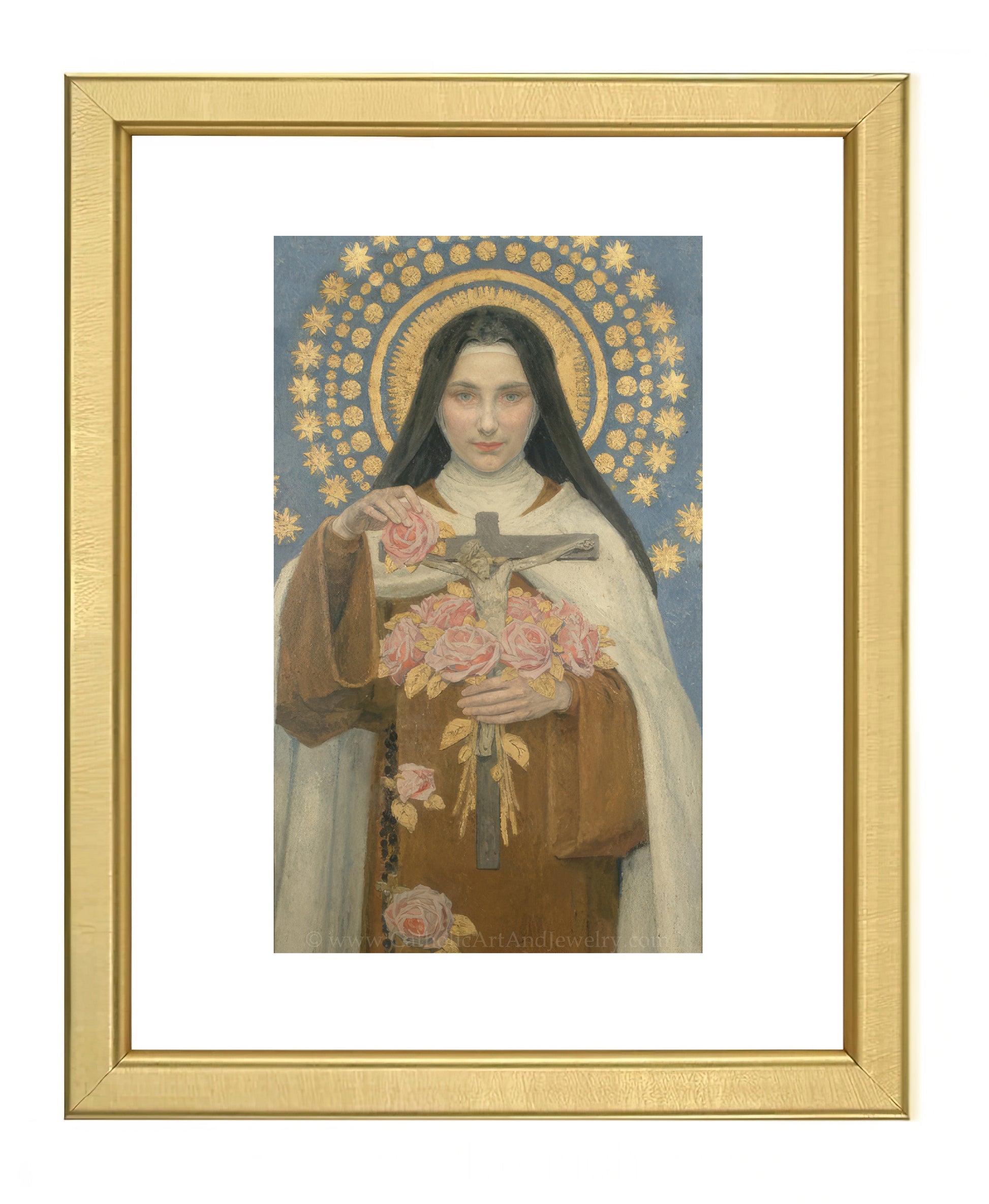 a painting of a woman holding a cross