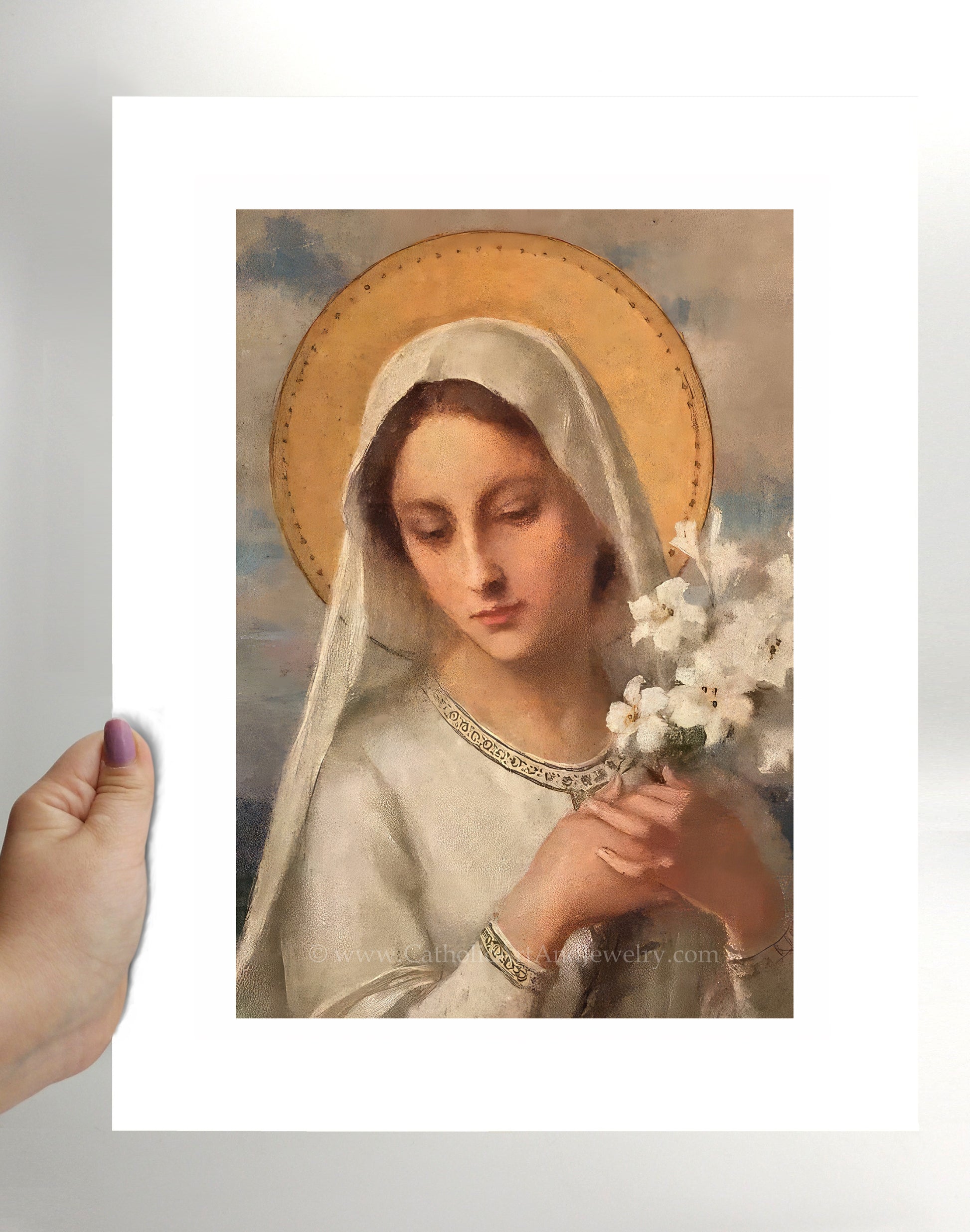 a painting of a woman holding a bouquet of flowers