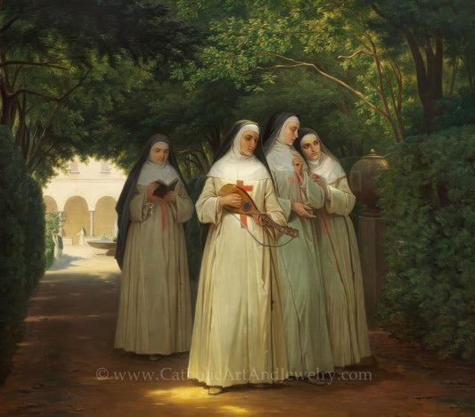 New! Nuns Walking in a Cloister Garden in Rome – Singing the Hours – Jørgen Sonn – Beautiful Catholic Art – Archival Quality