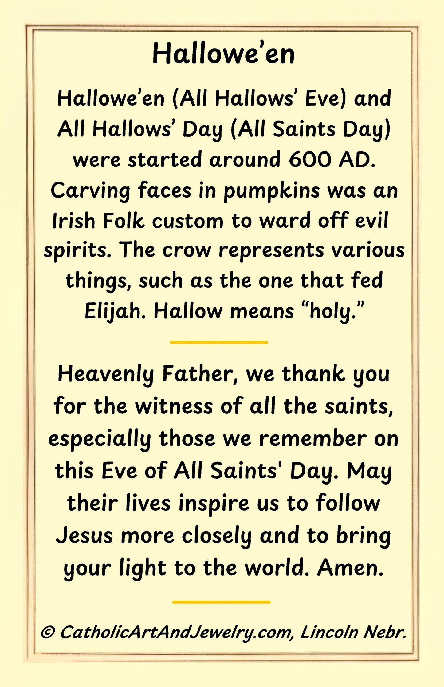 New! Halloween Crow – Catholic Halloween Holy Card – All Hallows' Eve – pack of 10/100/1000