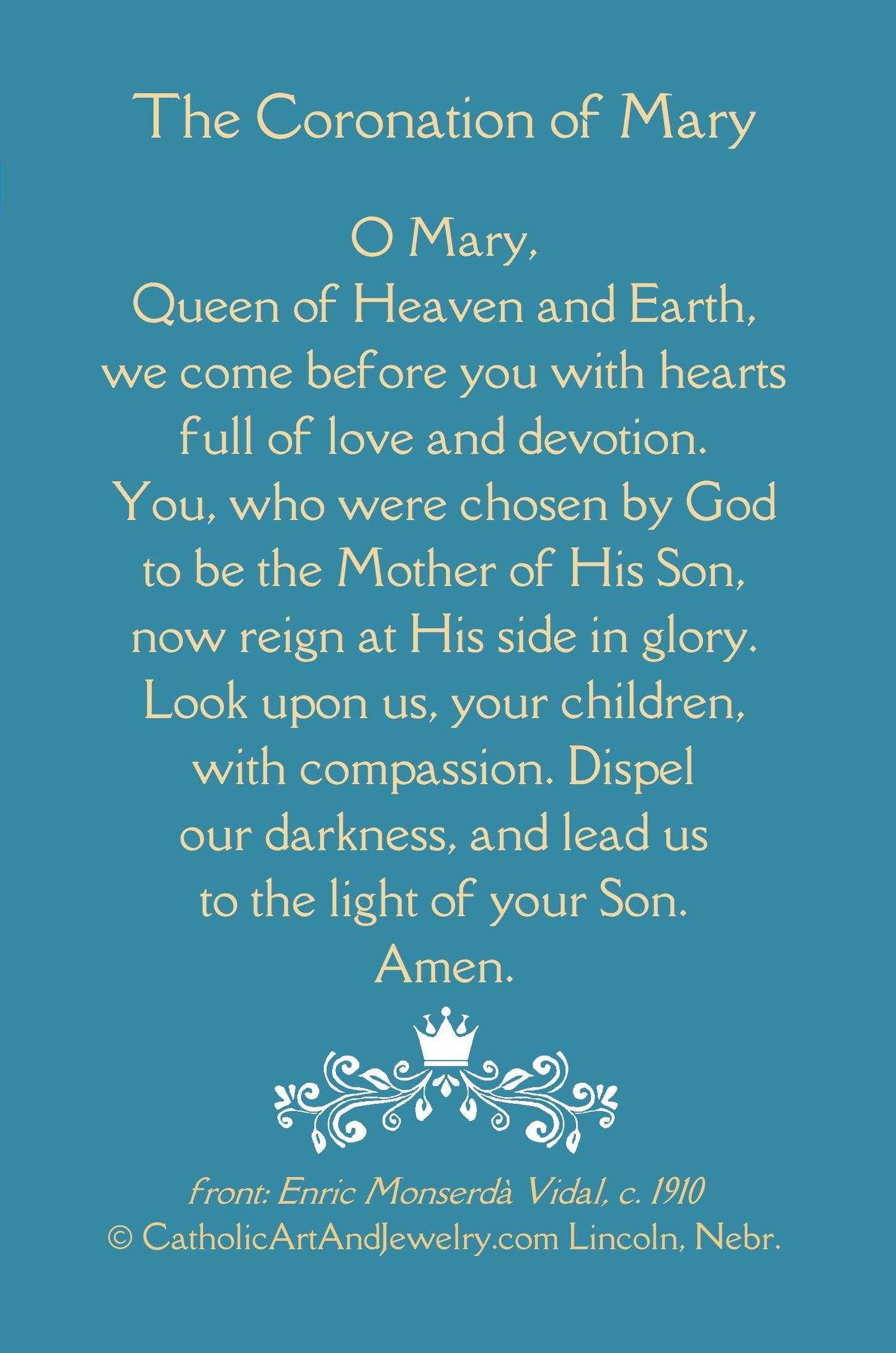New! Crowning of Mary Holy Card – Prayer to the Queen of Heaven – Enric Vidal – pack of 10/100/1000 – Madonna and Child