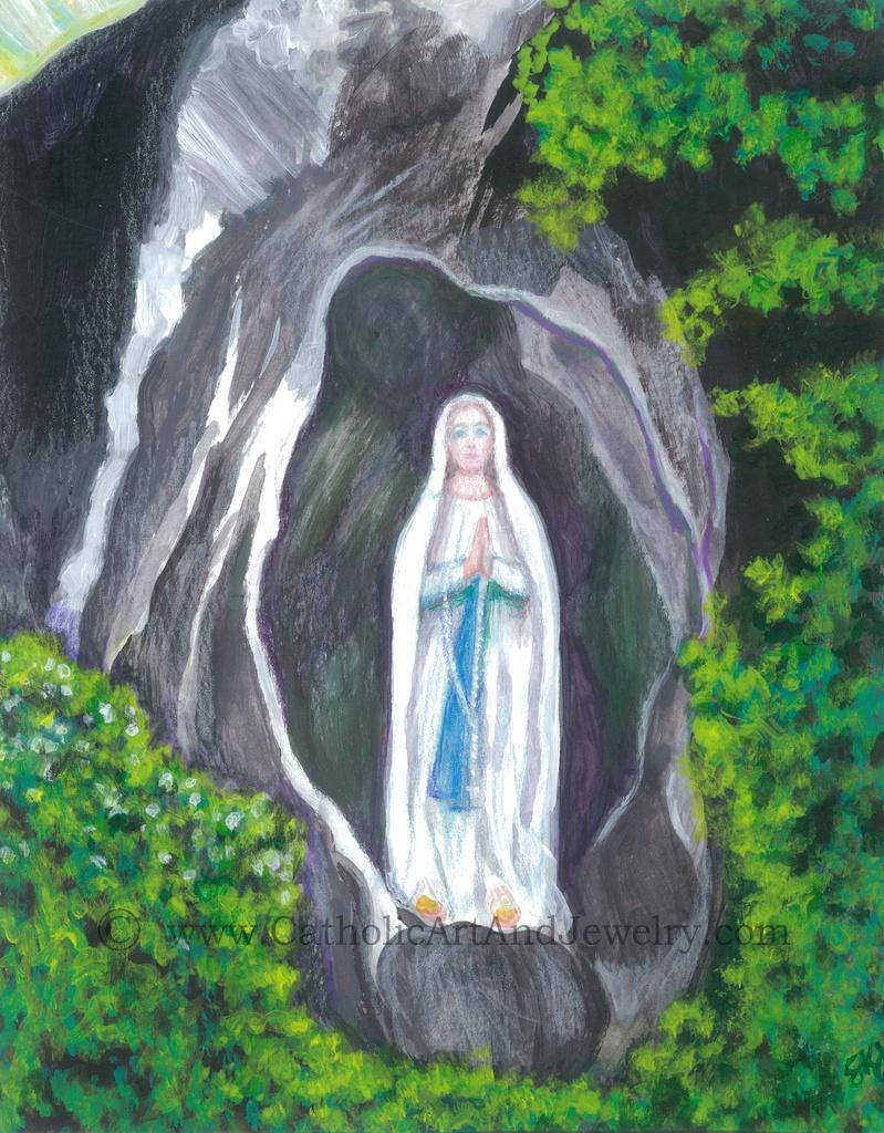 New! Our Lady of Lourdes Holy Cards – by Sue Kouma Johnson – pack of 10/100/1000