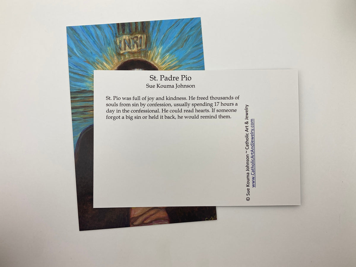 a card with text and an illustration of St. Padre Pio, a Catholic saint.