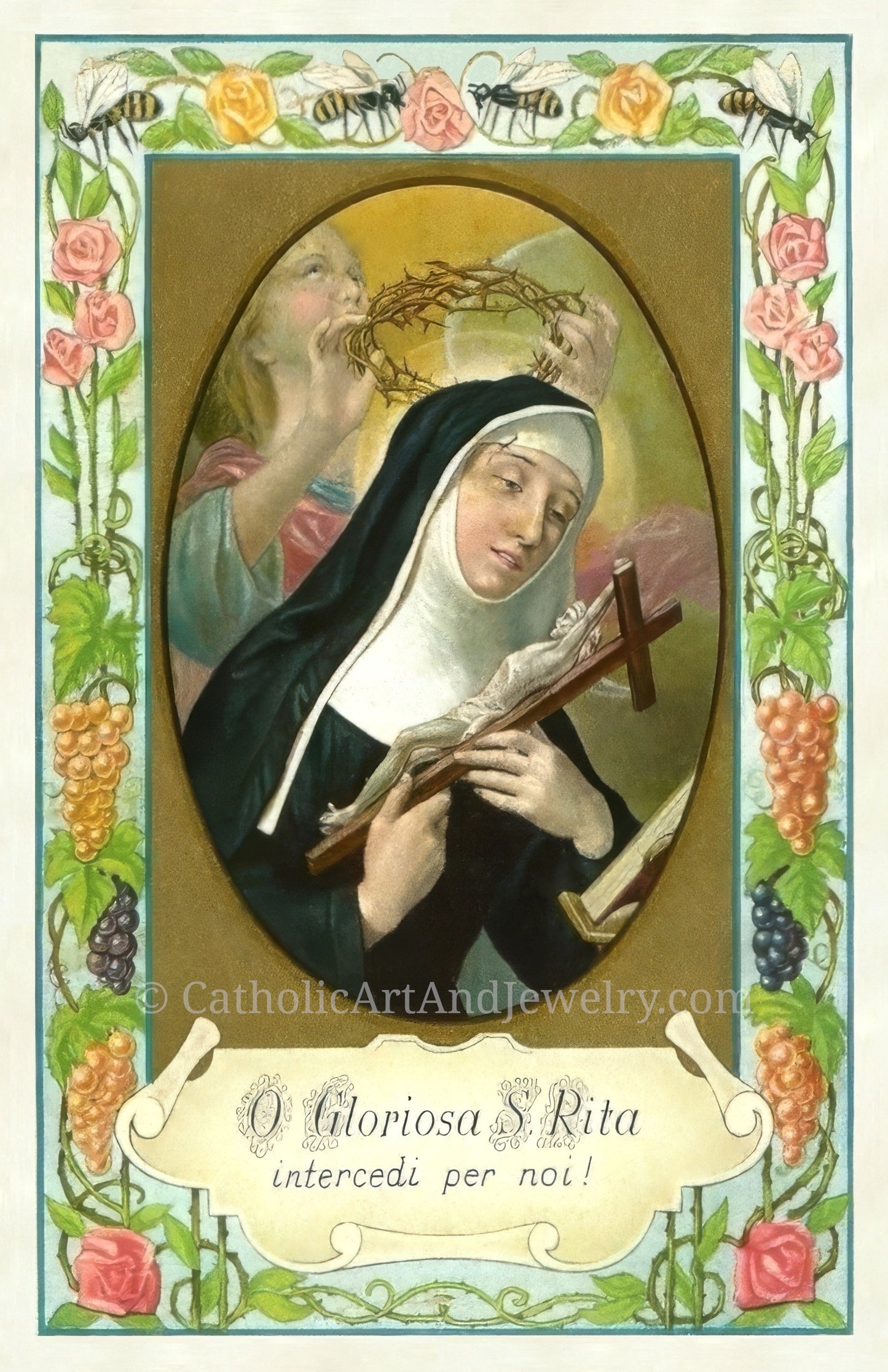 The image is a religious painting depicting a nun holding a cross, with an angel in the background. The painting is framed by a decorative border with flowers and leaves.