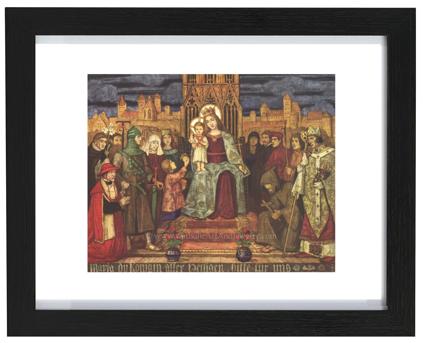 a painting of a group of people standing in front of a building