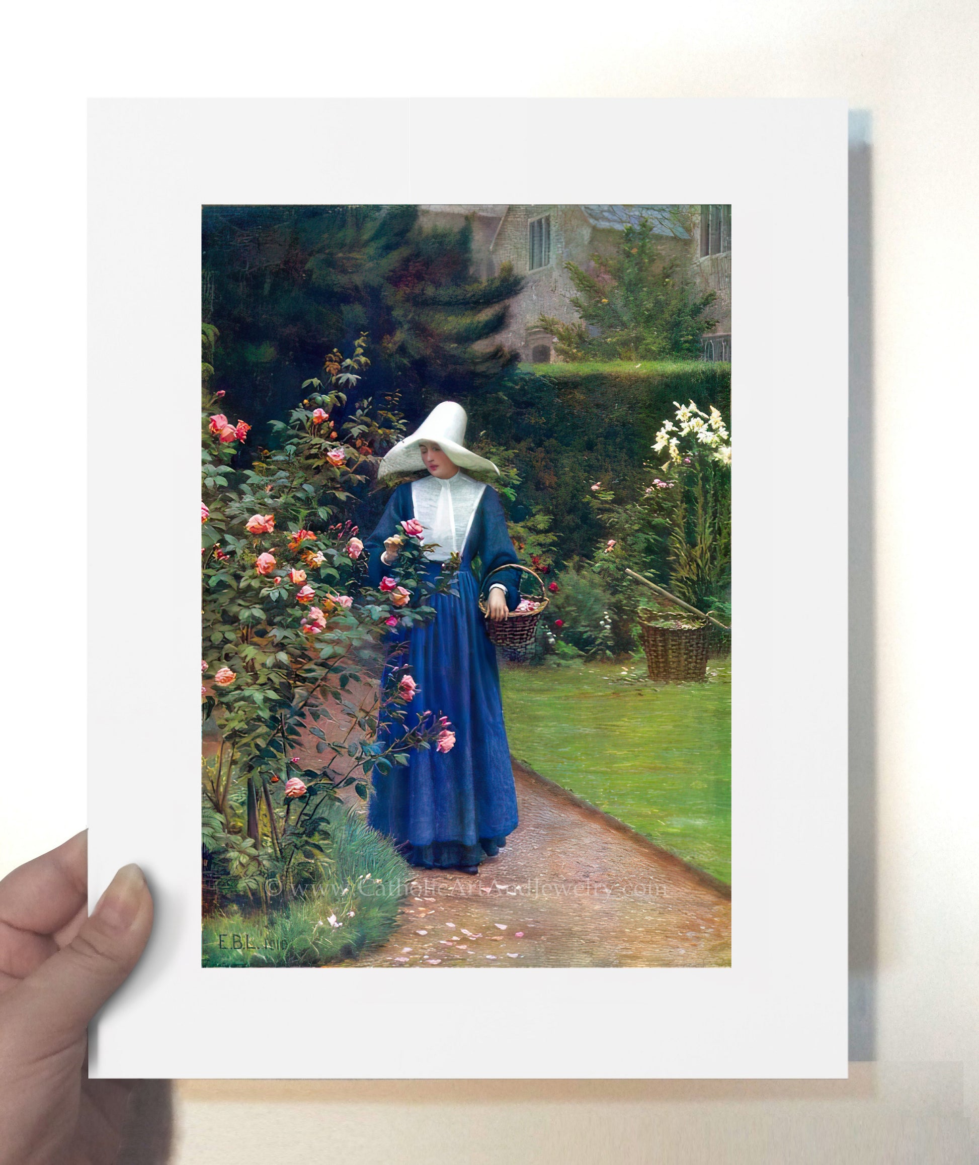 a painting of a woman in a blue dress in a garden
