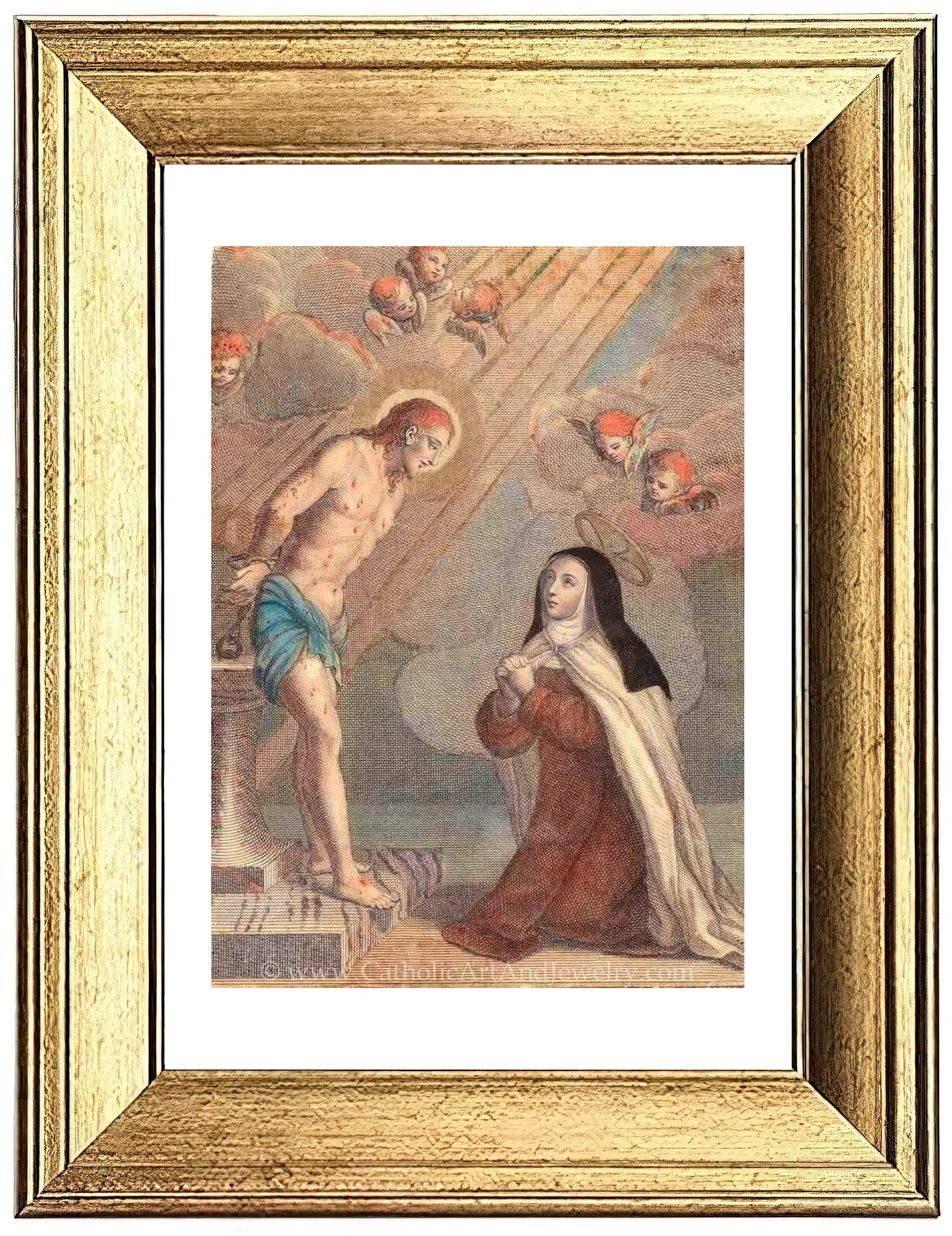 a painting of jesus and a woman kneeling down