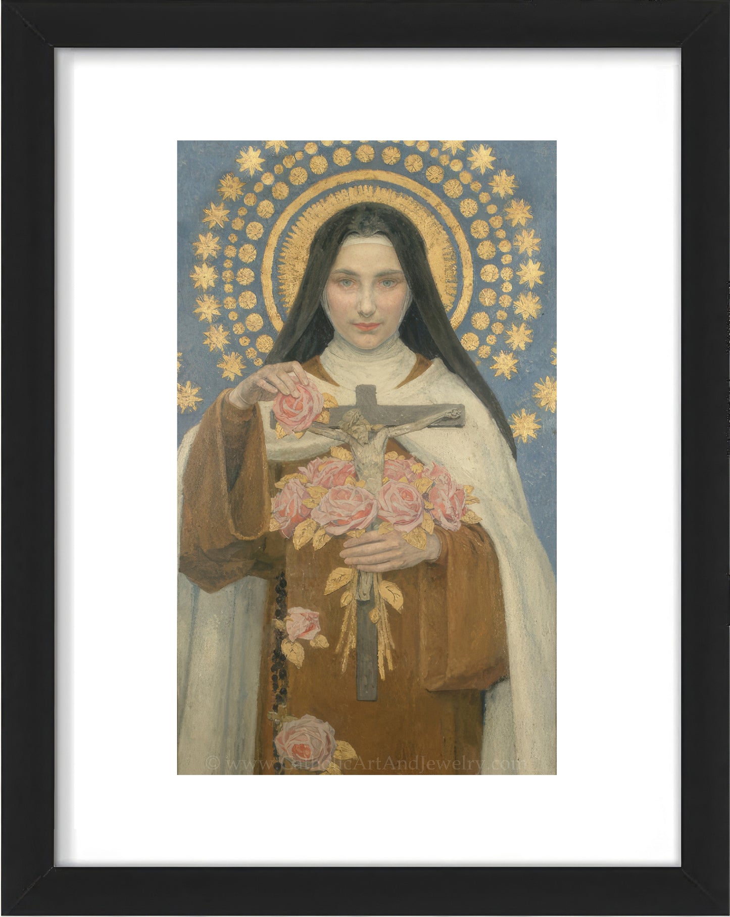 a painting of a woman holding a cross