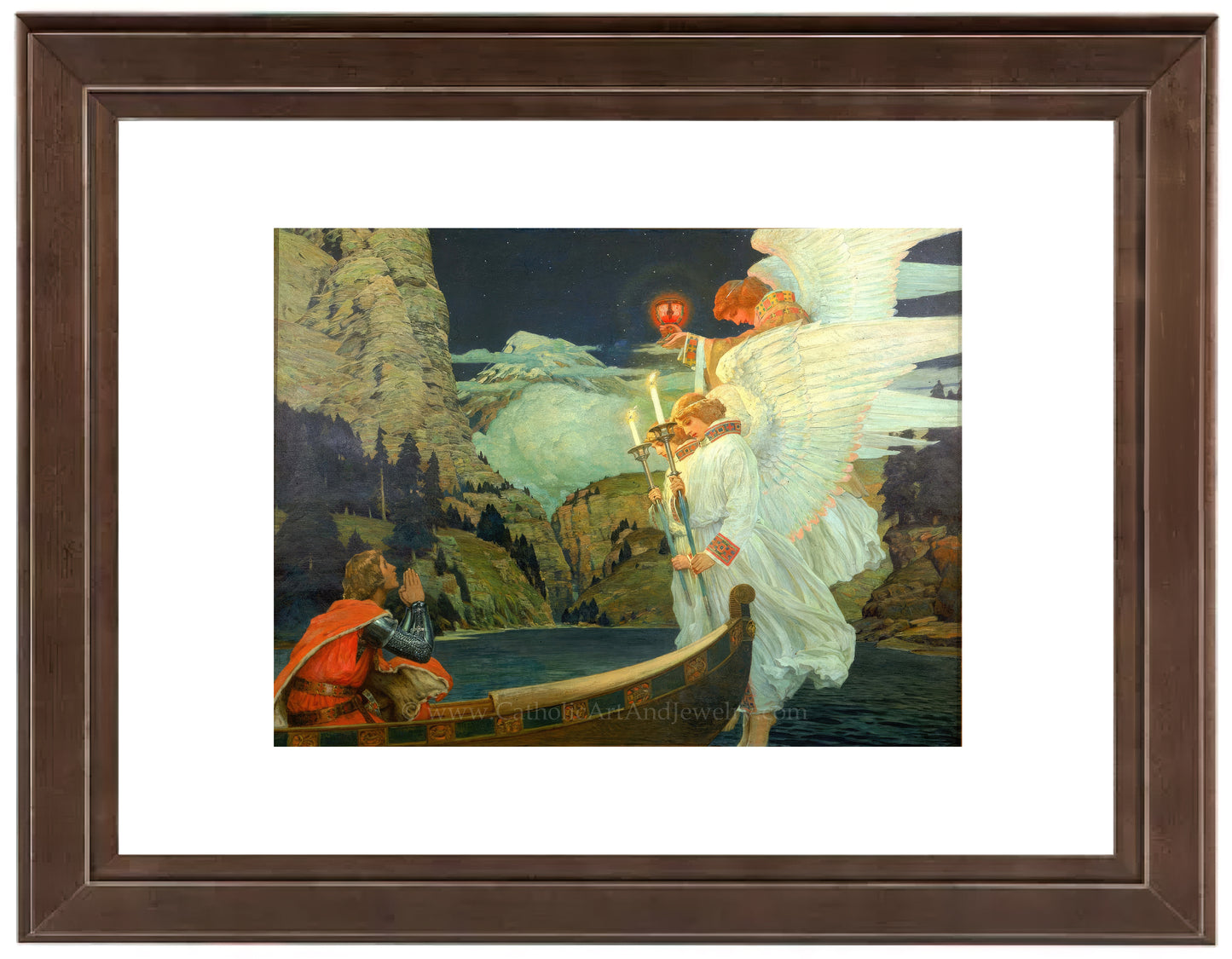a painting of an angel and a man on a boat