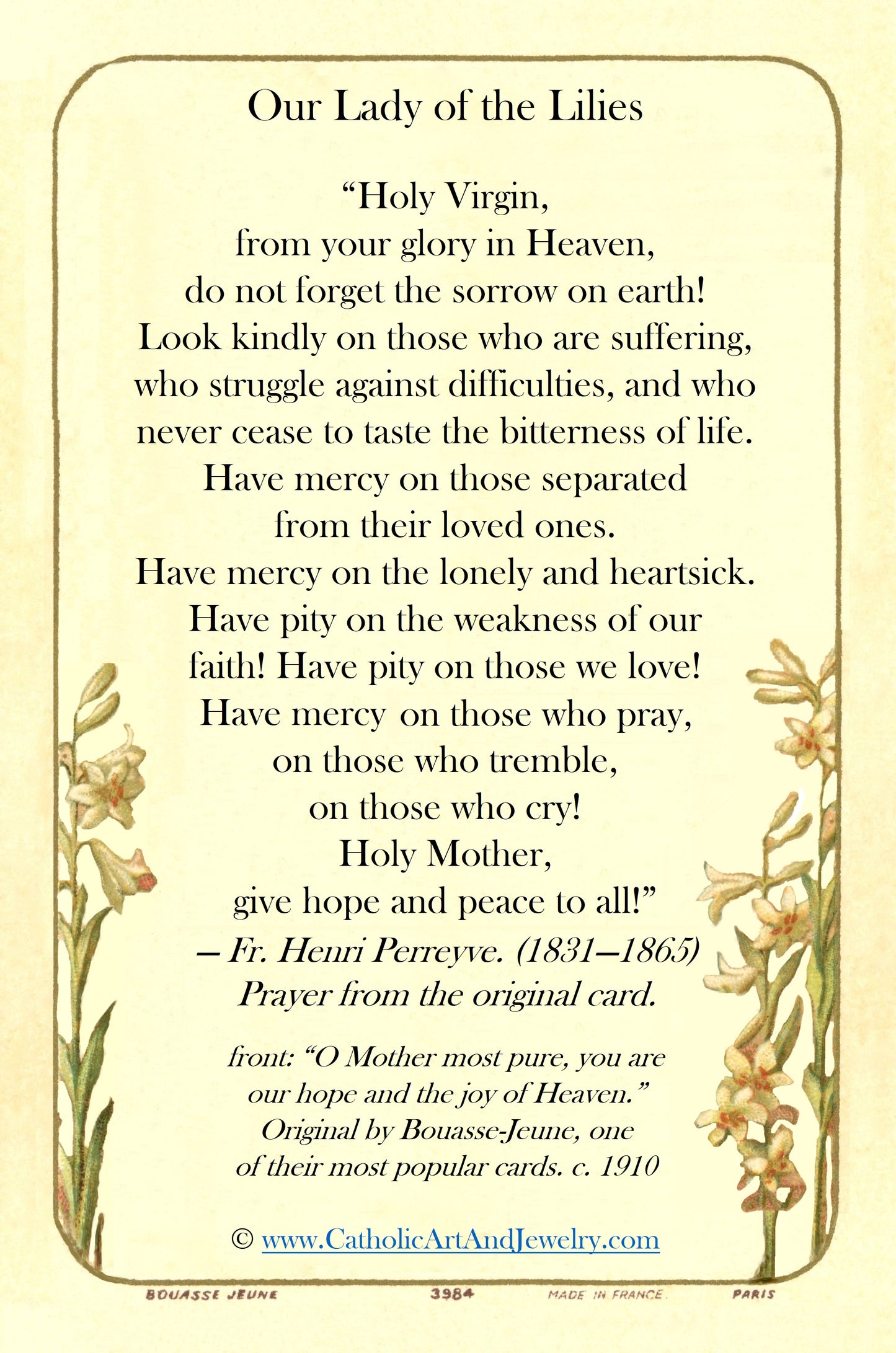 Our Lady of the Lilies – pack of 10/100/1000 – Restored Vintage Holy Card