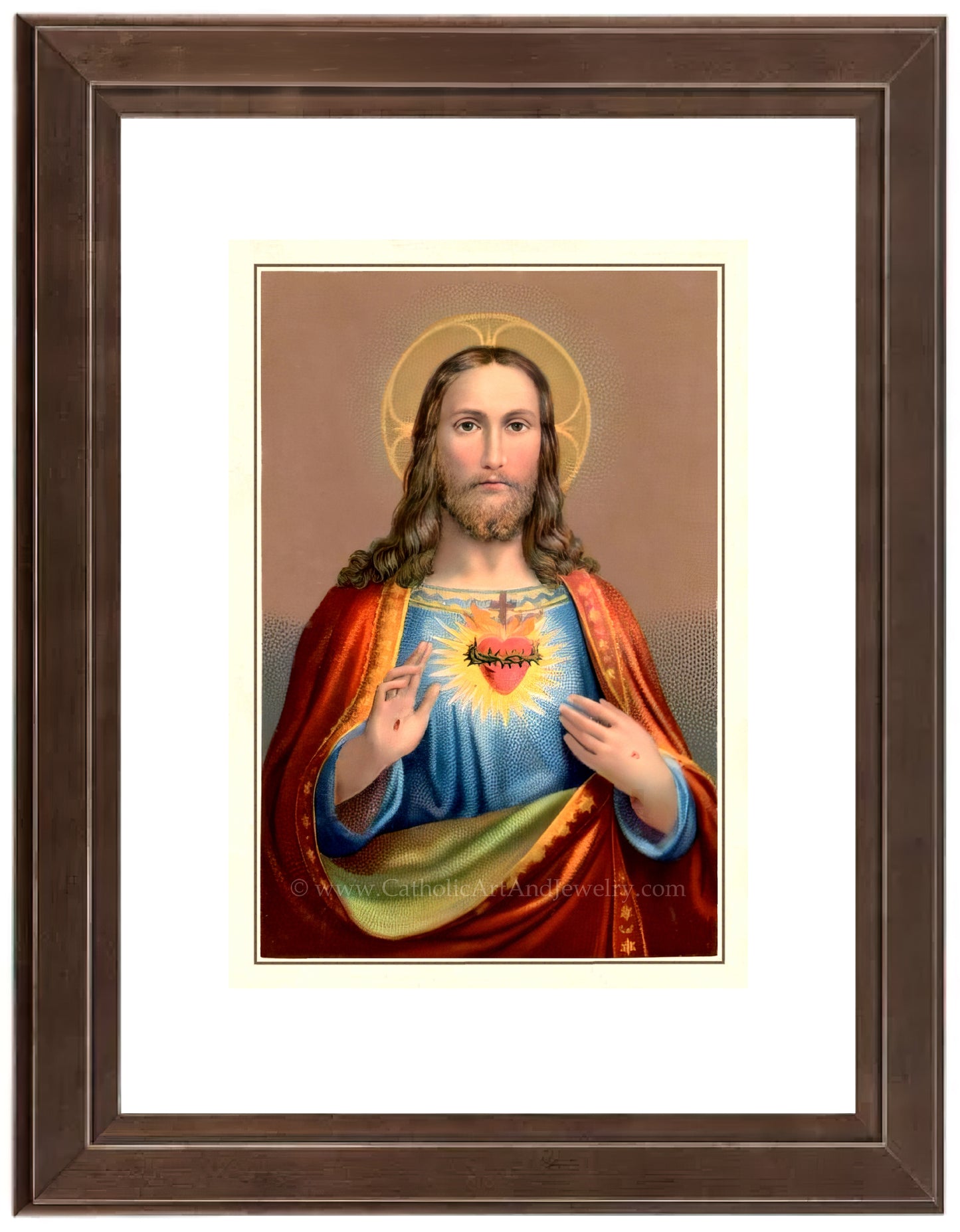 a painting of jesus holding a cross