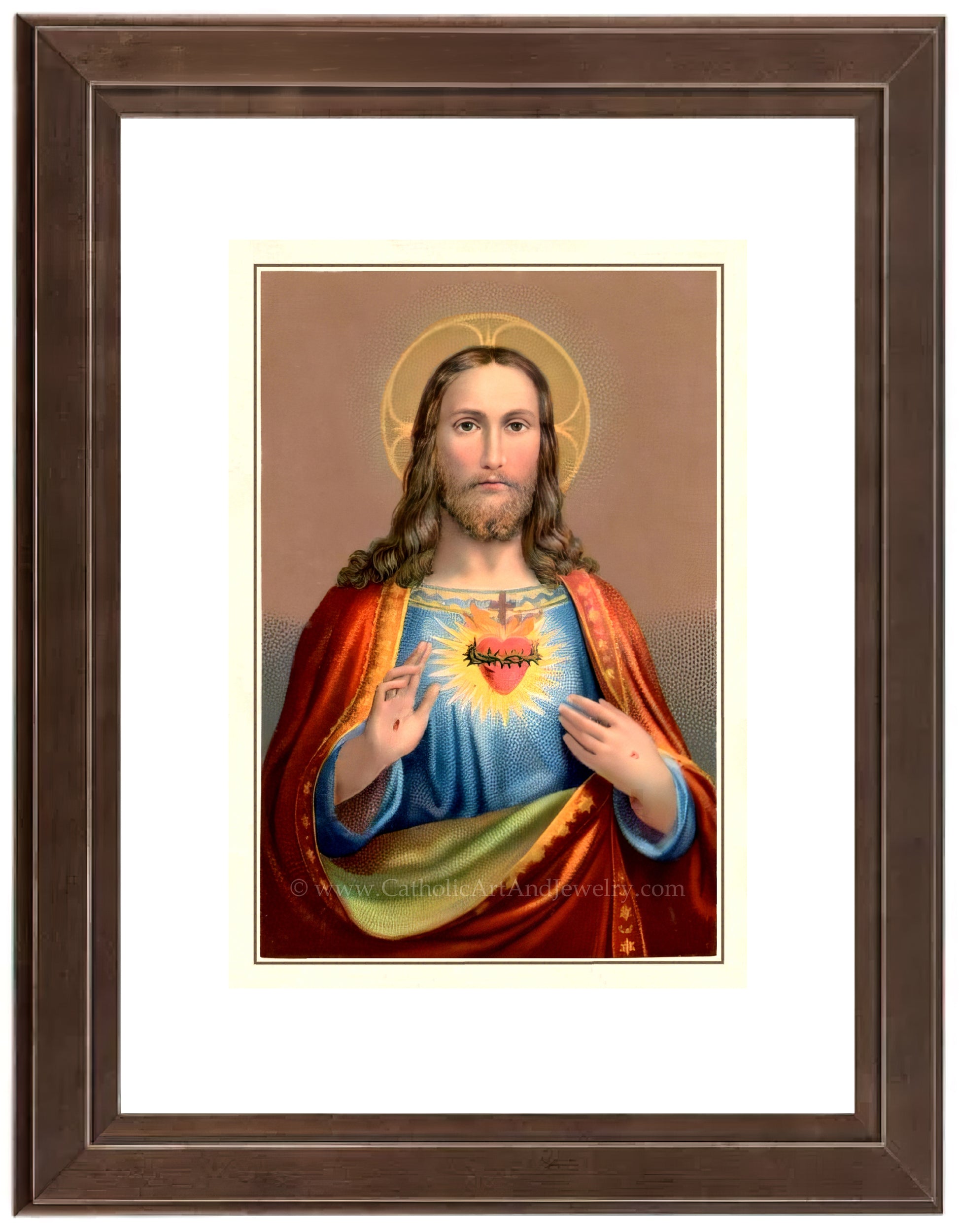 a painting of jesus holding a cross