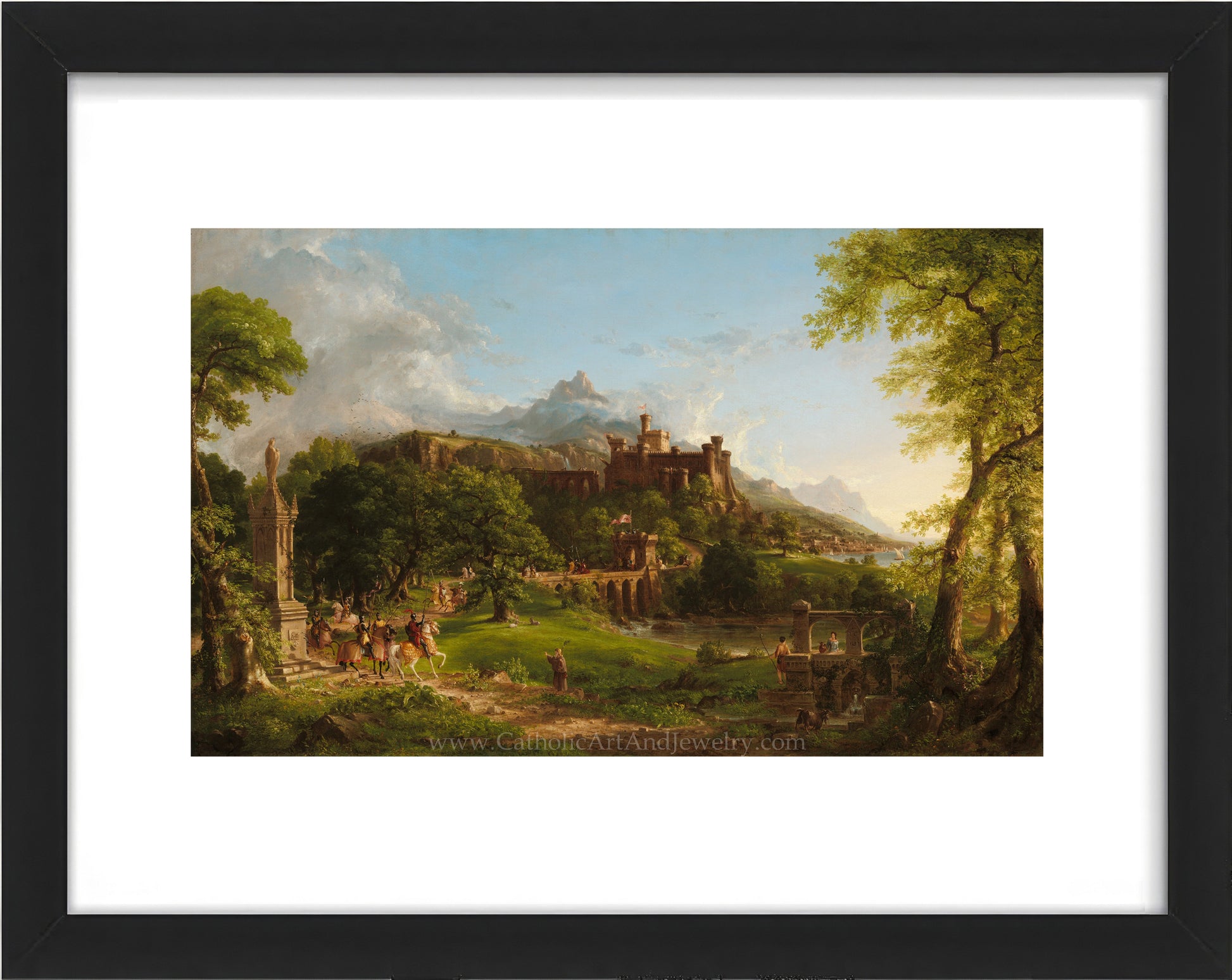 a painting of a castle in a wooded area