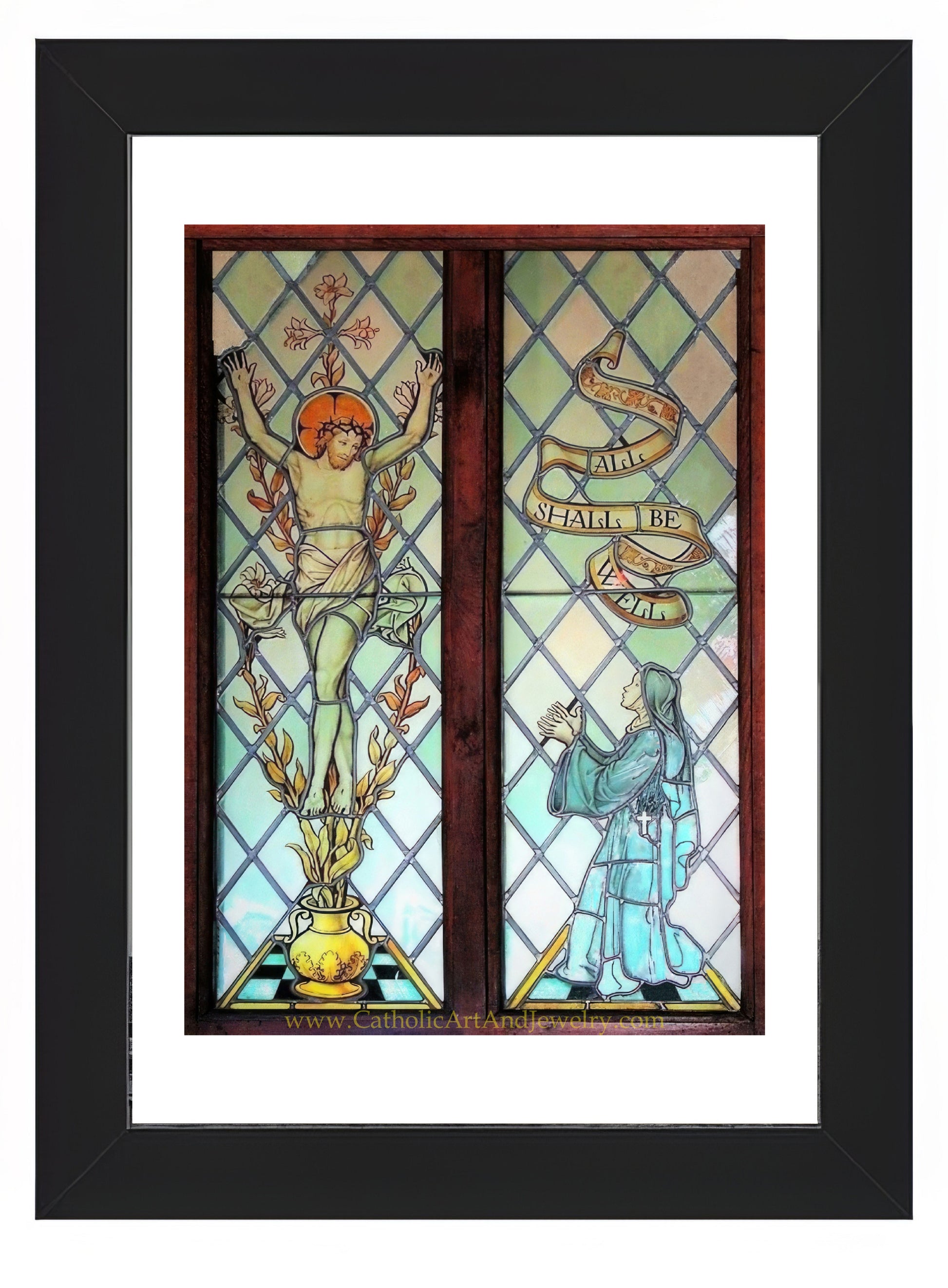 a picture of a stained glass window with a person on it