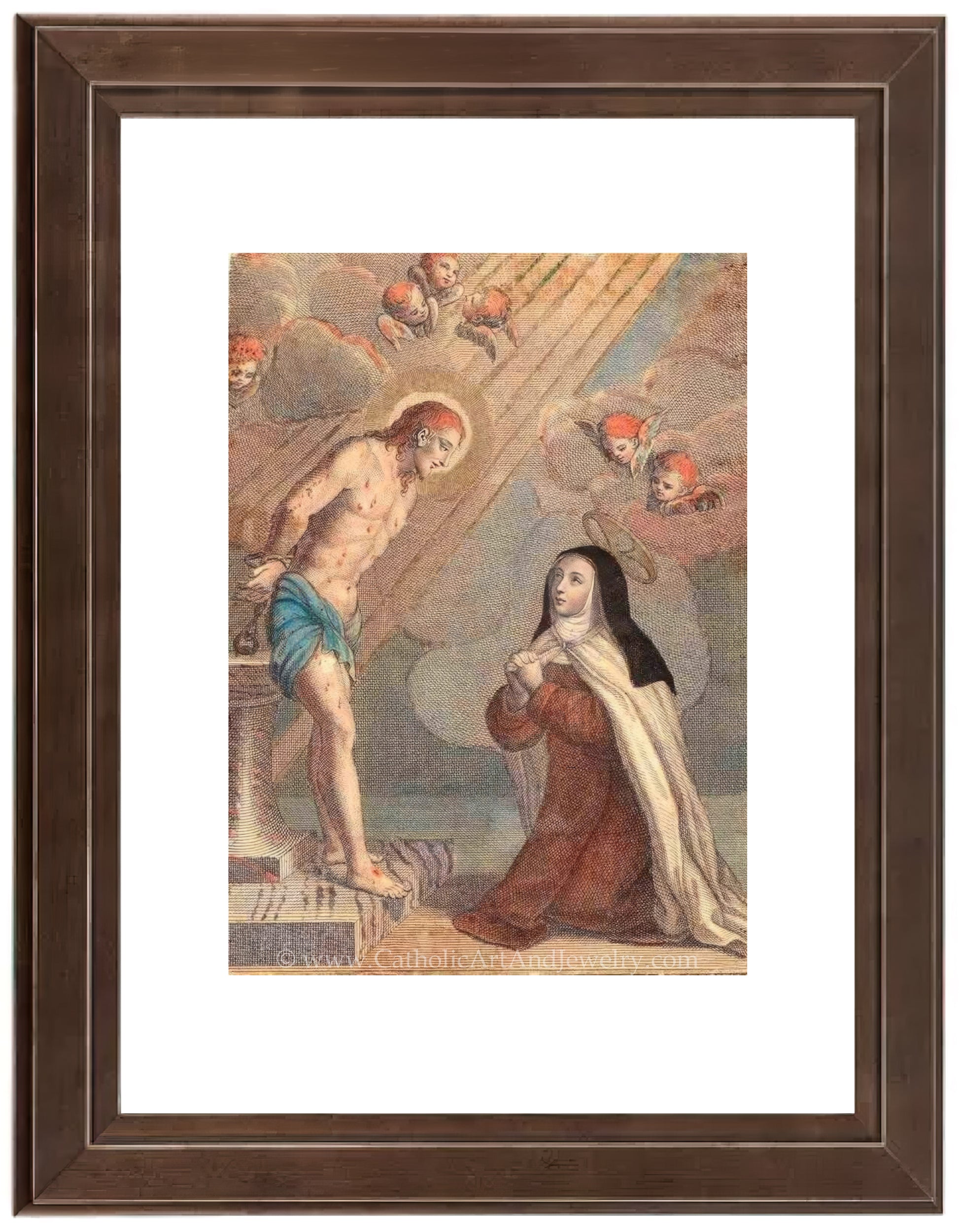 a painting of jesus and mary in a brown frame