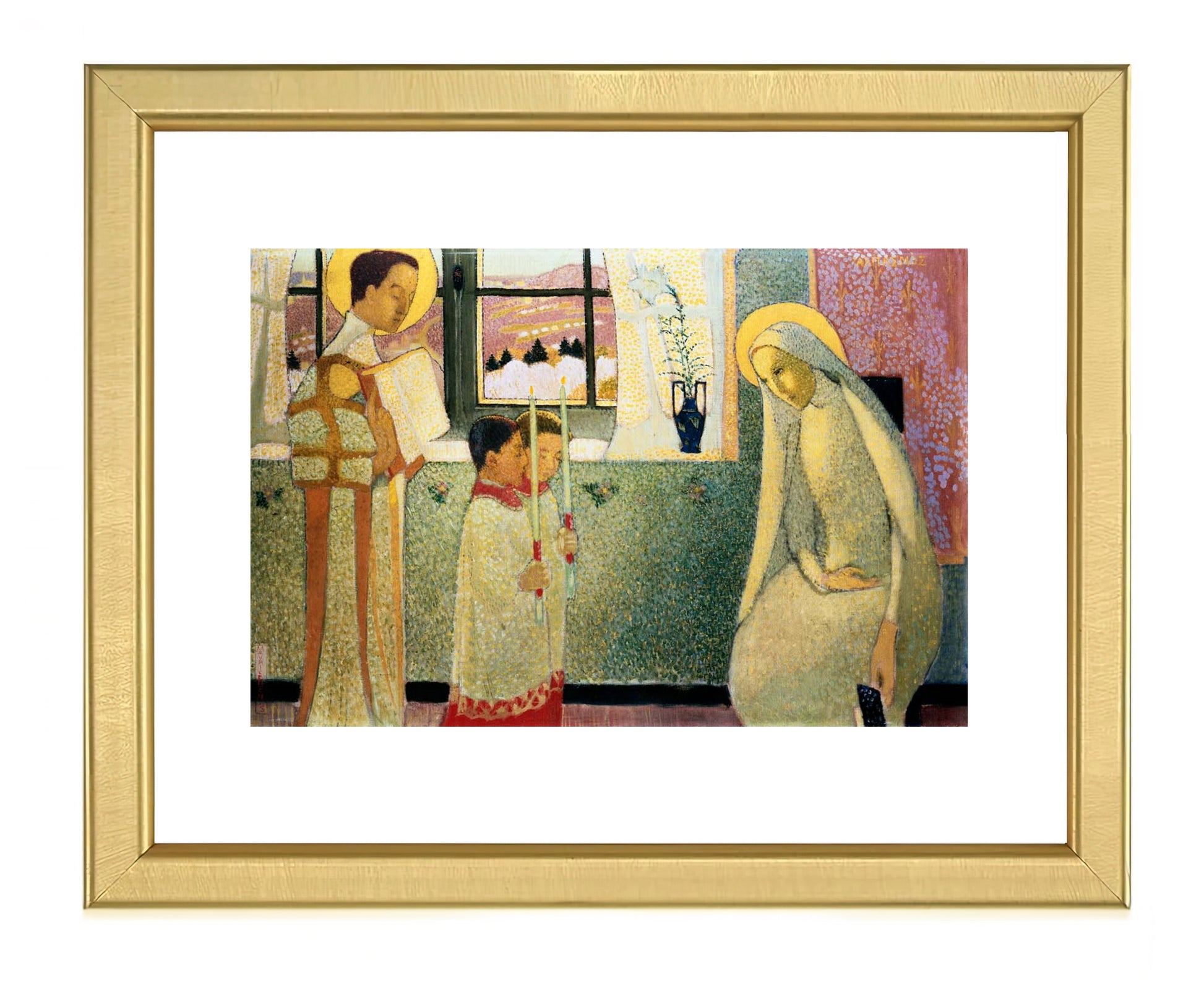 a painting of two women and a child