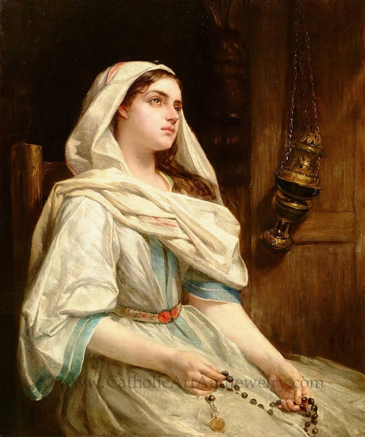 Girl Praying the Rosary – Alfred Elmore – Catholic Art – Catholic Gift – Archival Quality