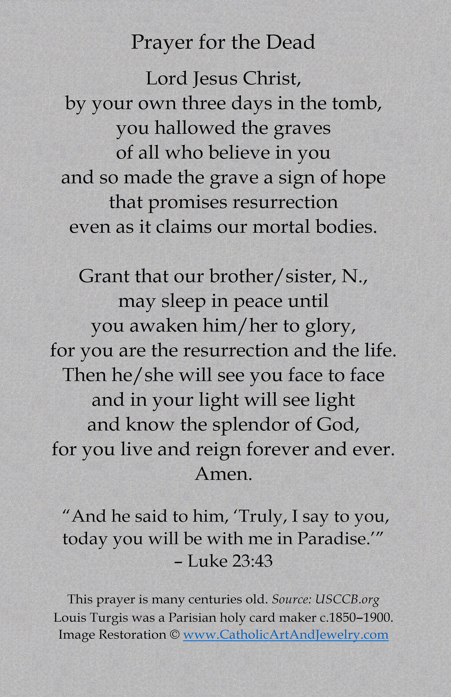 New! Prayer for the Dead – Memorial Card – Angel at the Graveside – Restored Vintage Holy Card / Funeral Card – pack of 10/100/1000
