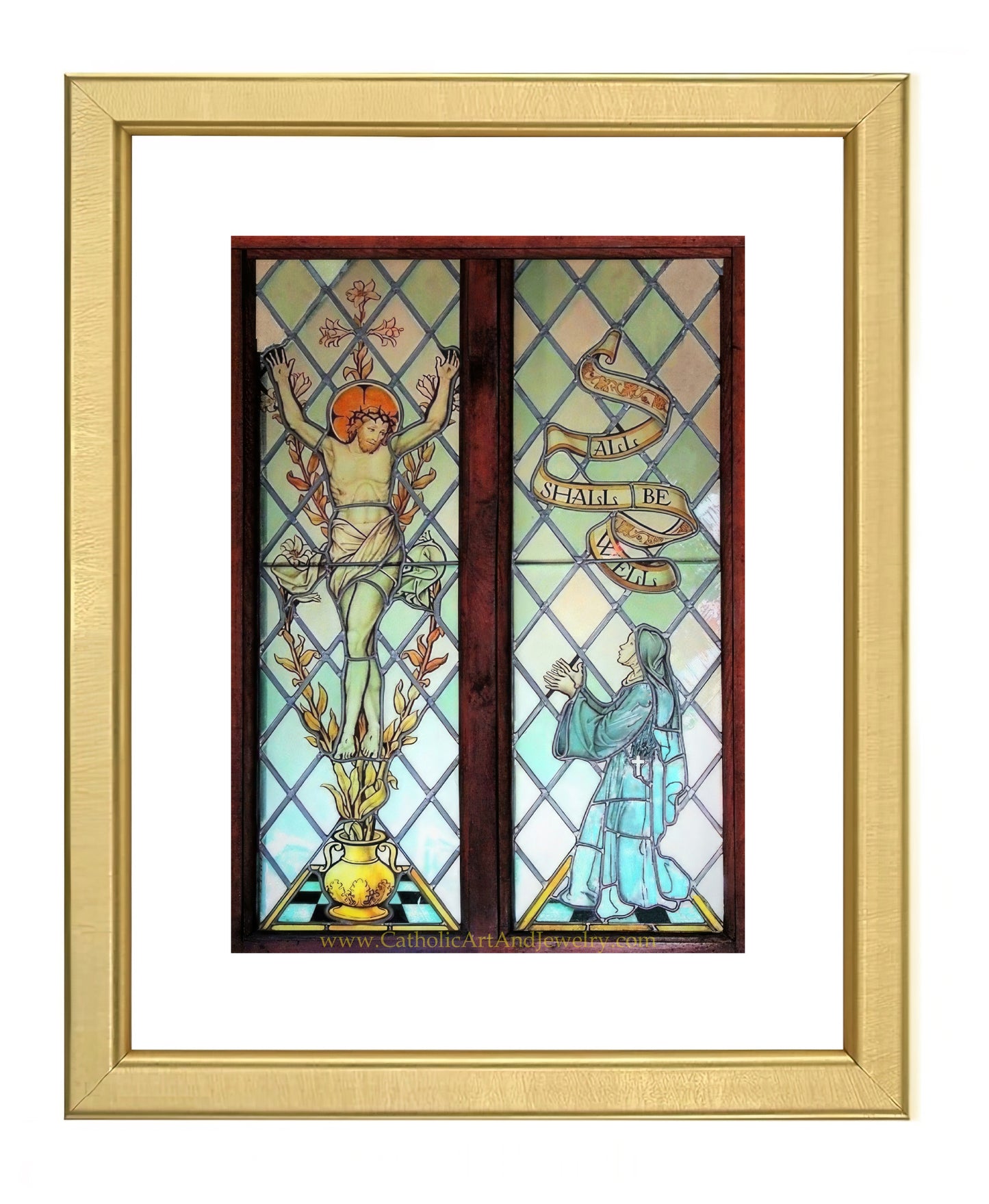 a picture of a stained glass window with a woman on it