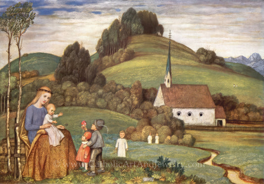 Mary and Jesus at the Chapel with Children – Matthäus Schiestl – Catholic Art Print – Catholic Gift Archival – Quality