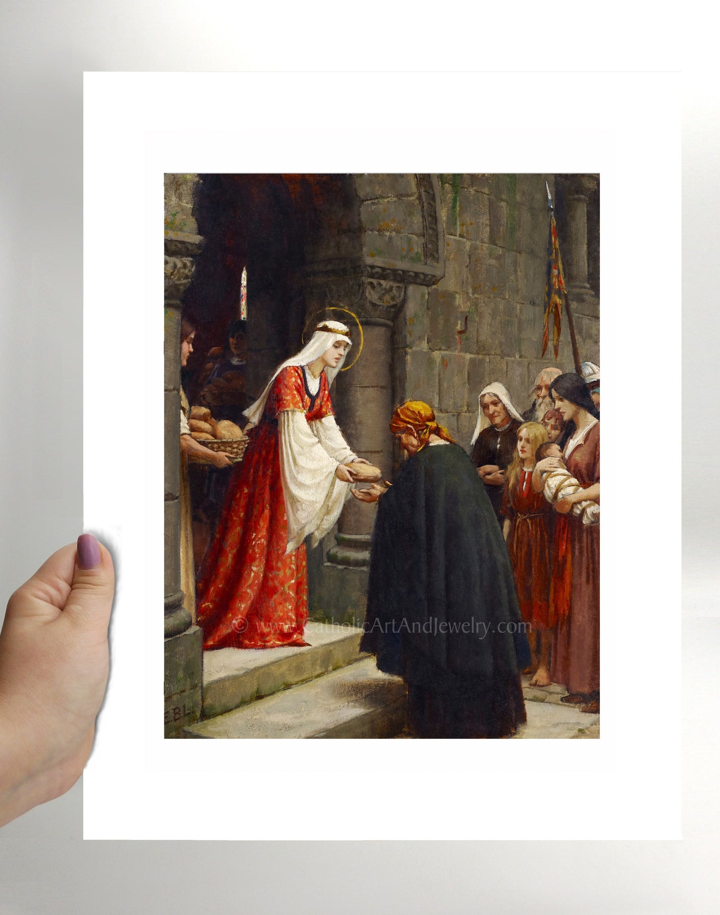 a painting of a woman handing bread to a man