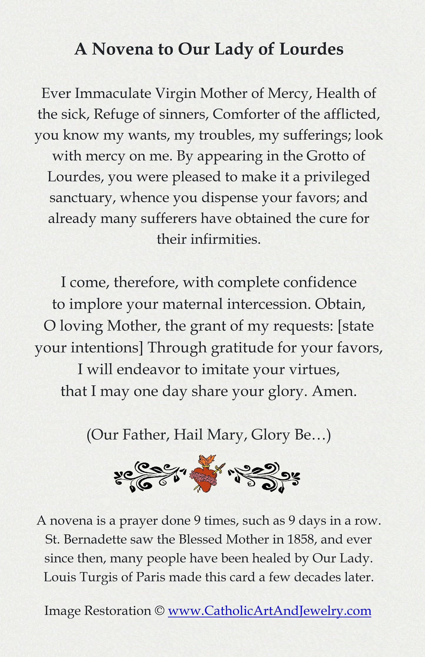 St. Bernadette with Our Lady of Lourdes Holy Card – Novena on Back – pack of 10/100/1000 – Restored Vintage Holy Card