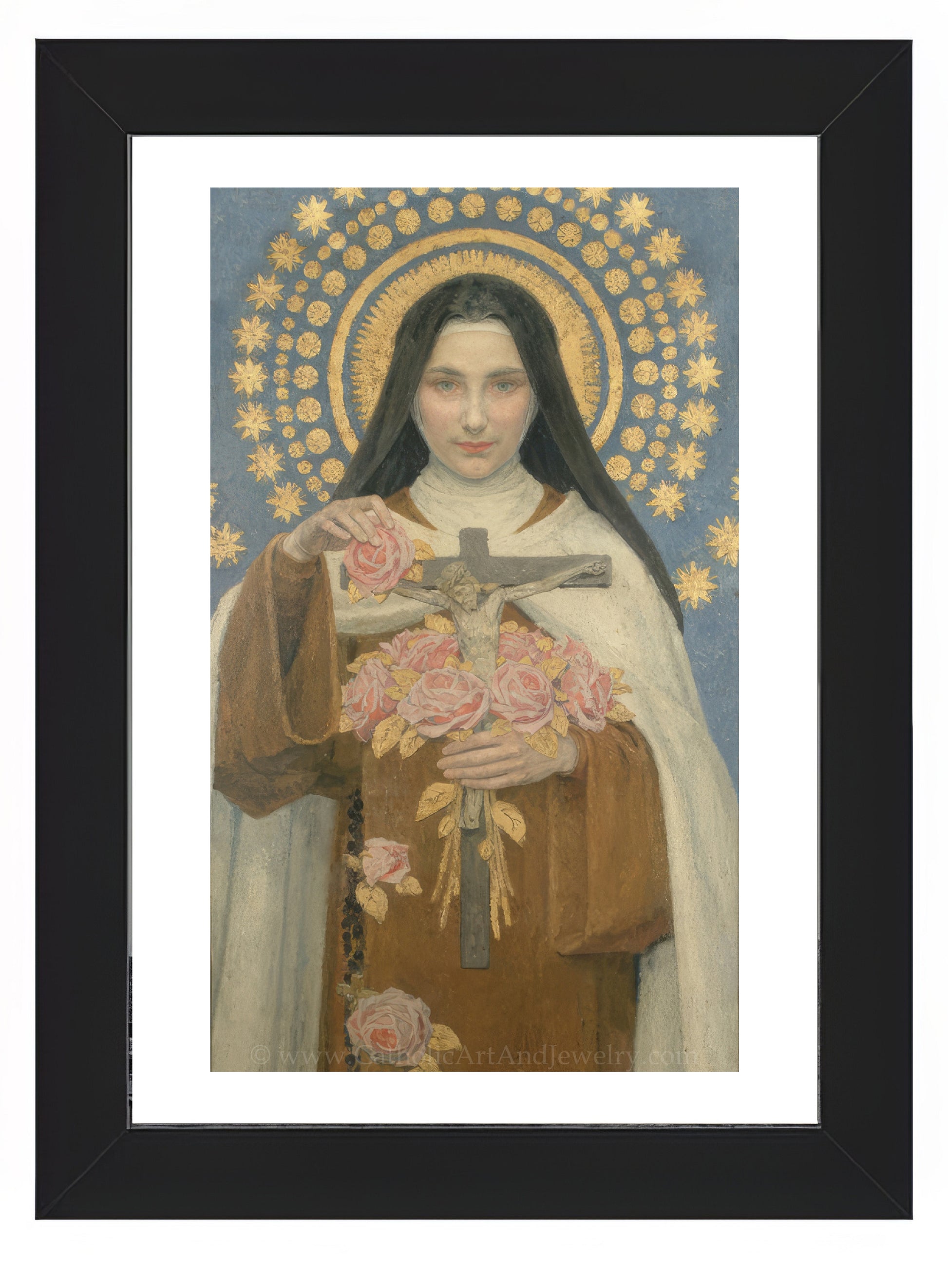 a painting of a woman holding a cross