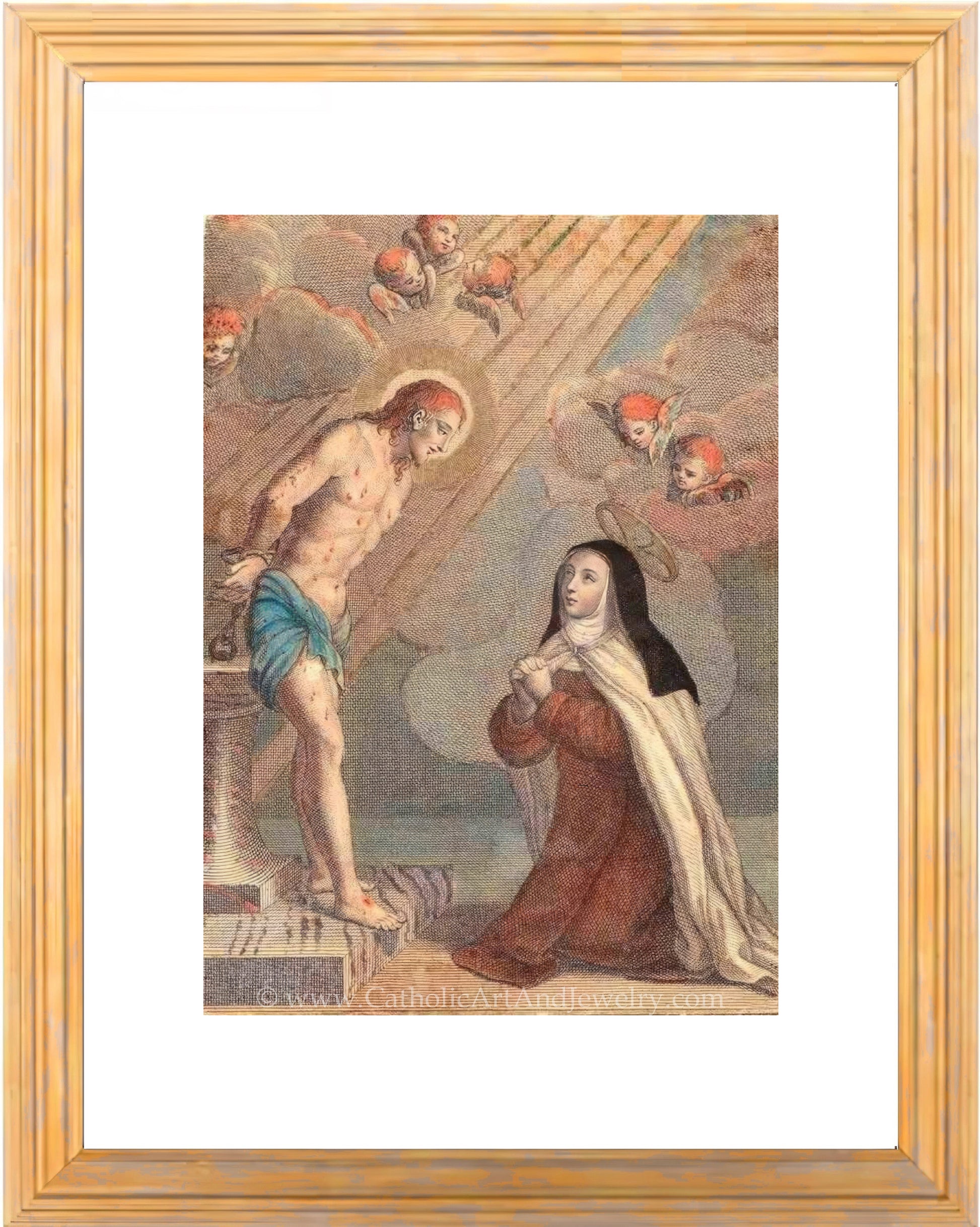 a painting of jesus and a woman kneeling down