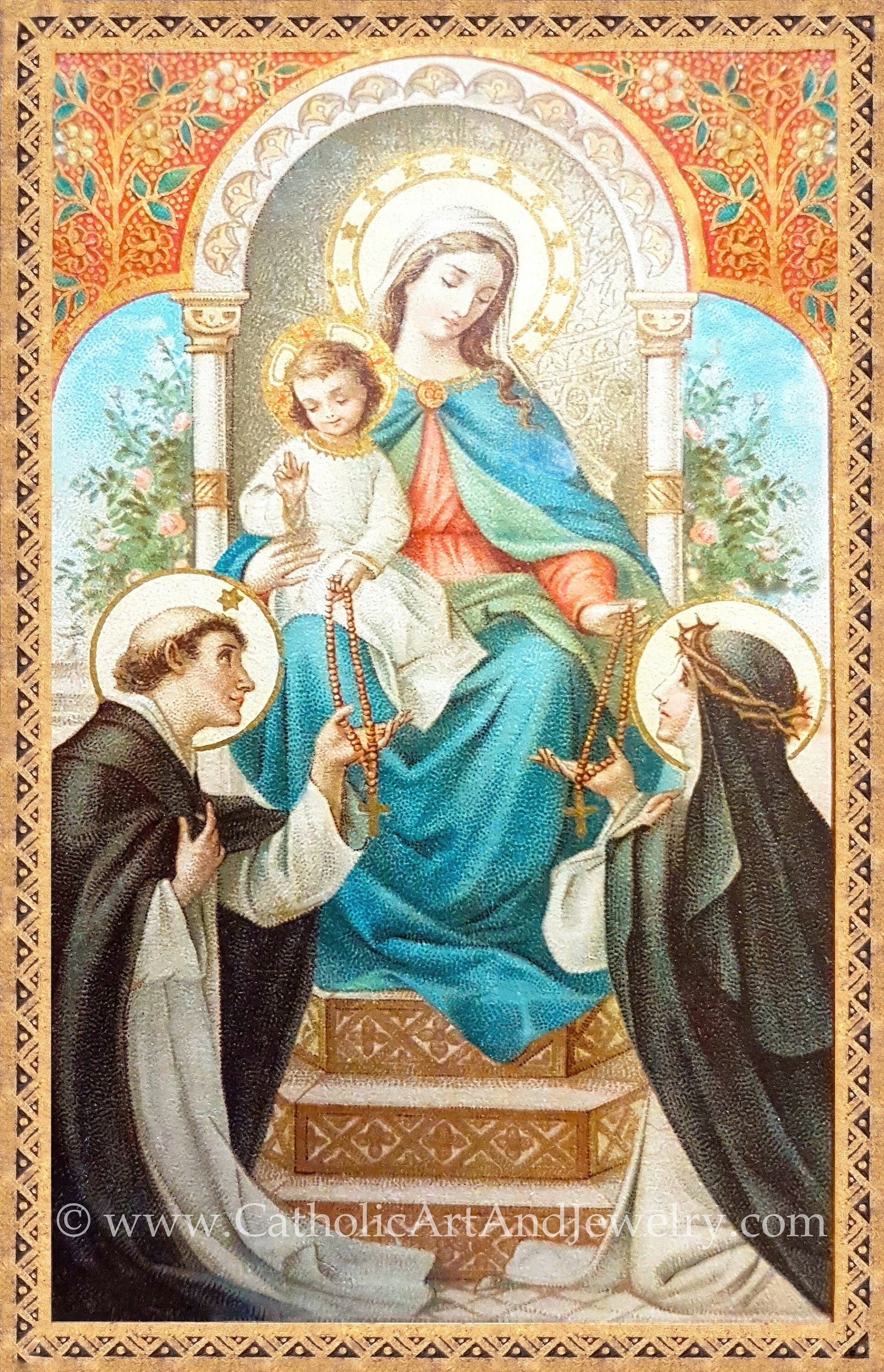 Mary Gives the Rosary – based on a Vintage French Holy Card – Catholic Art Print – Catholic Gift