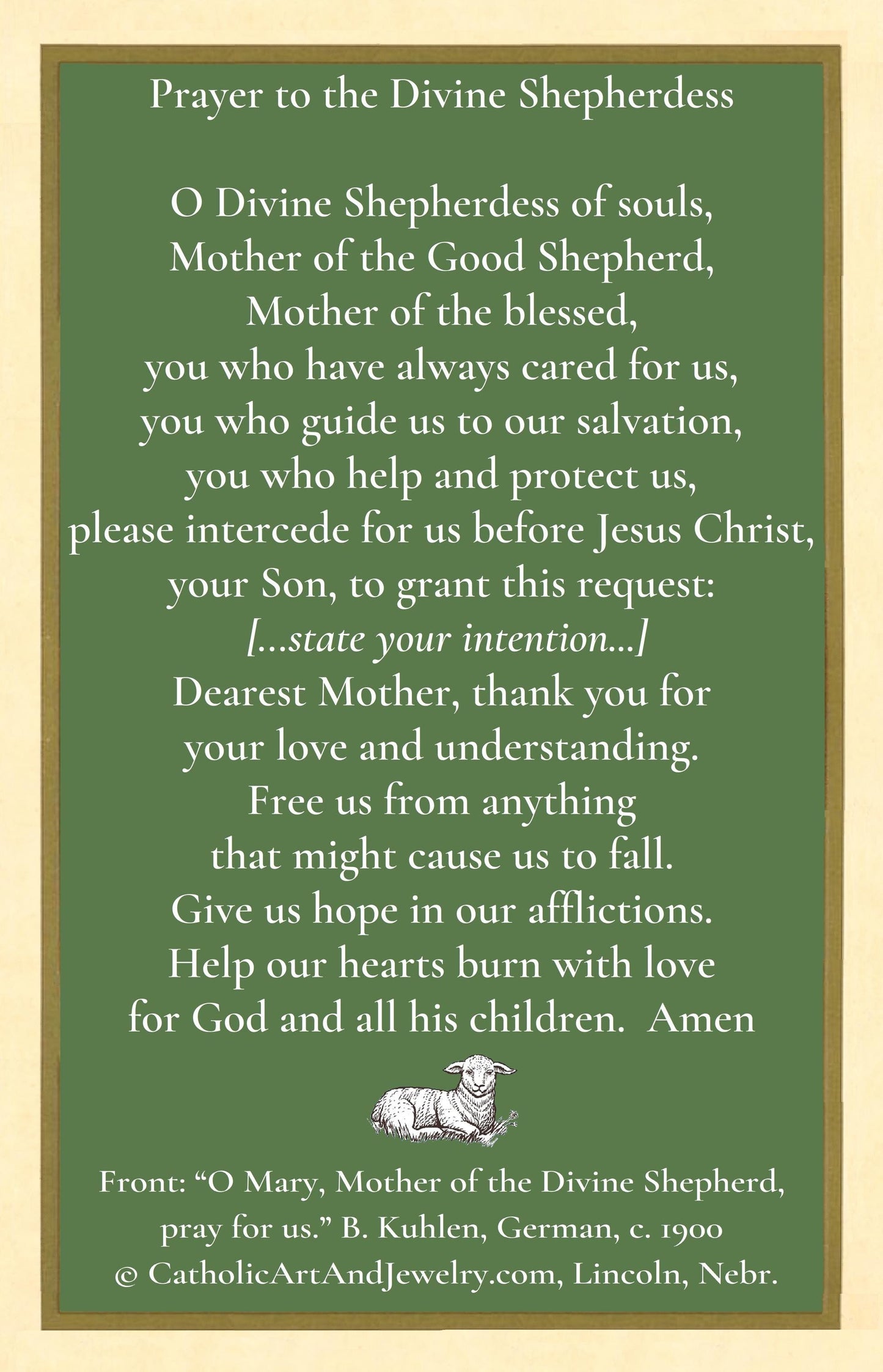 New! Divine Shepherdess – Our Lady Mother of the Divine Shepherd – B Kuhlen – Based on a Vintage Holy Card – pack of 10/100/1000