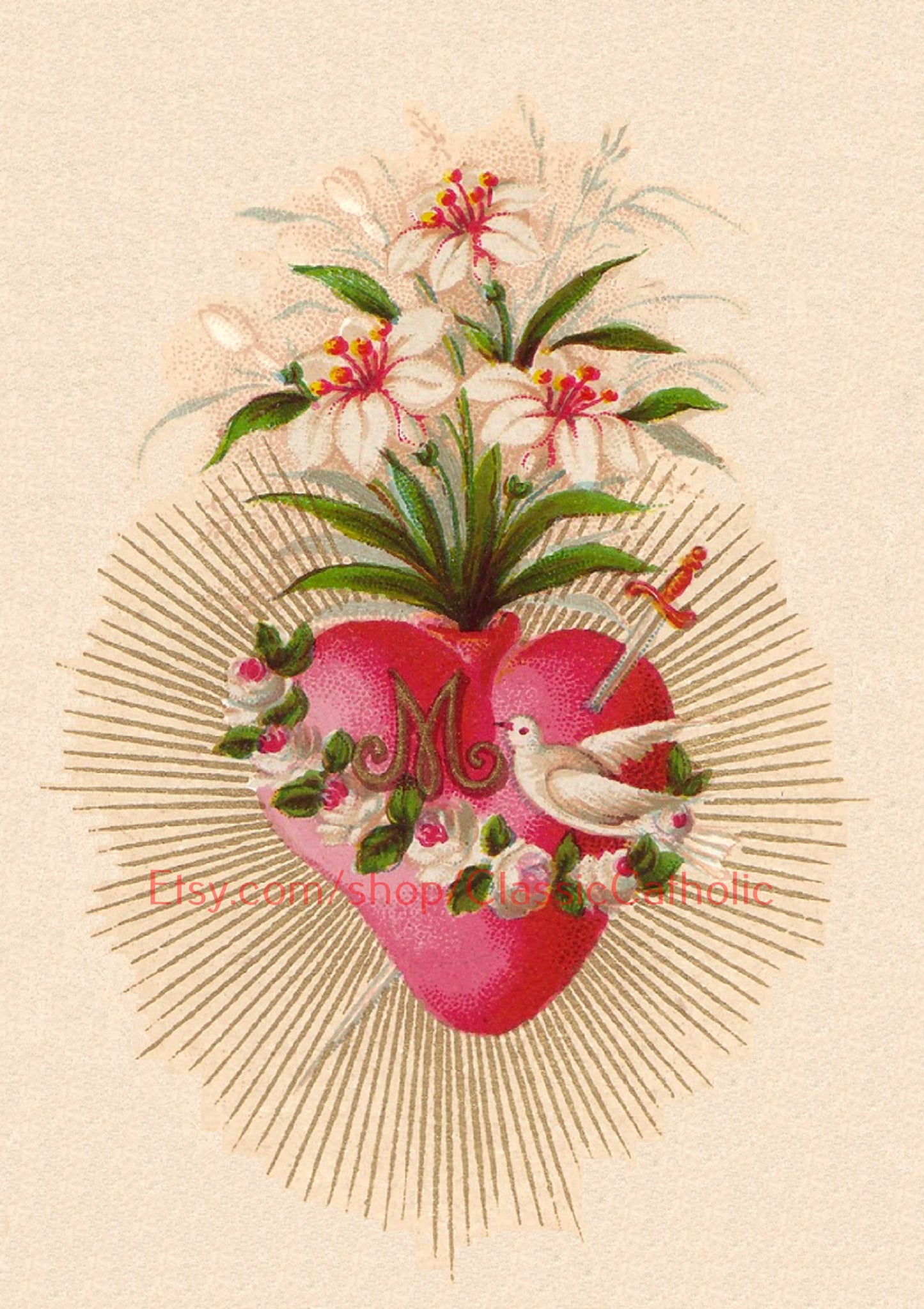 Holy Card – Immaculate Heart of Mary with Dove – pack of 10/100/1000 – Restored Vintage Holy Card
