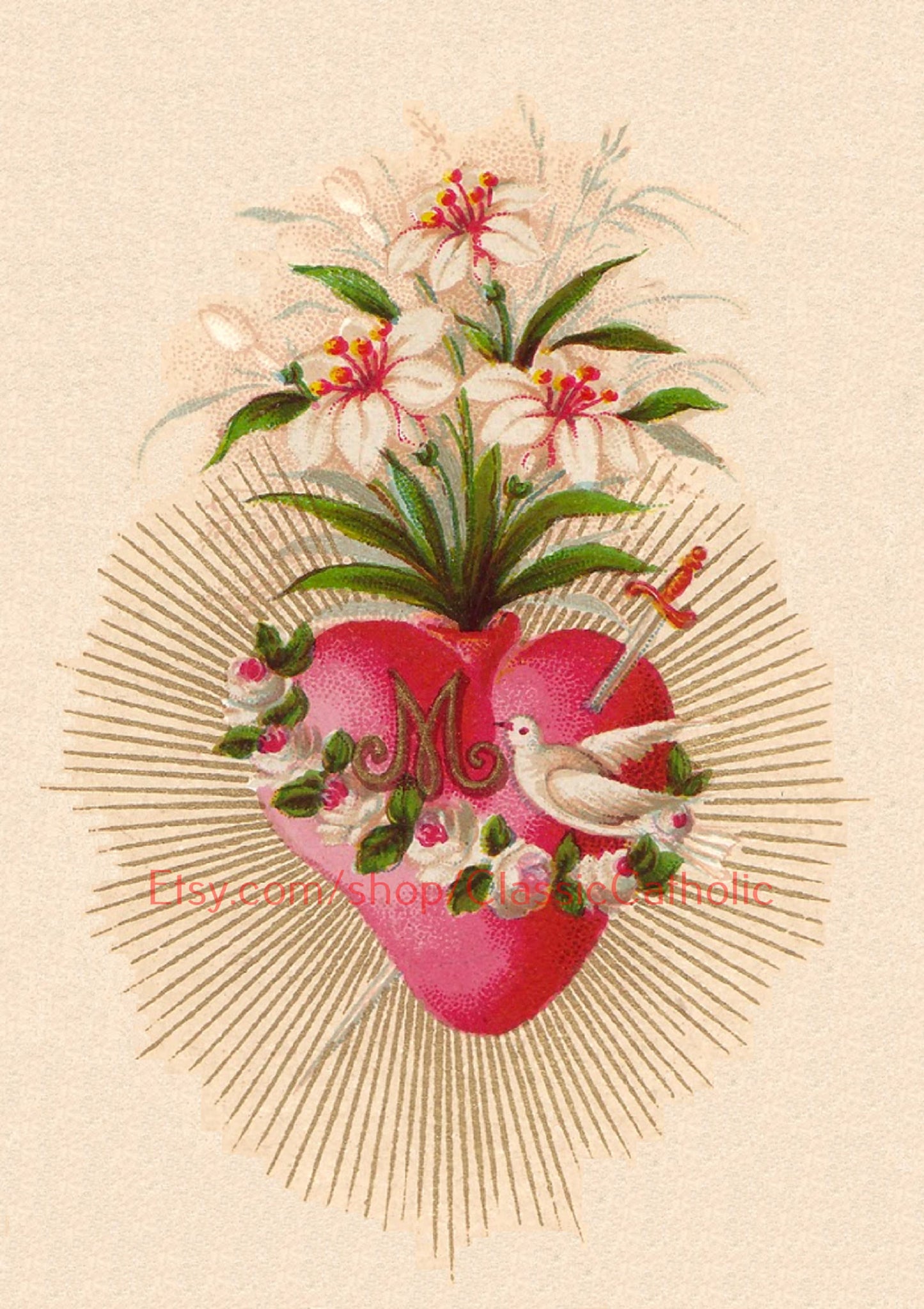 New! Holy Card – Immaculate Heart of Mary with Dove – pack of 10/100/1000 – Restored Vintage Holy Card