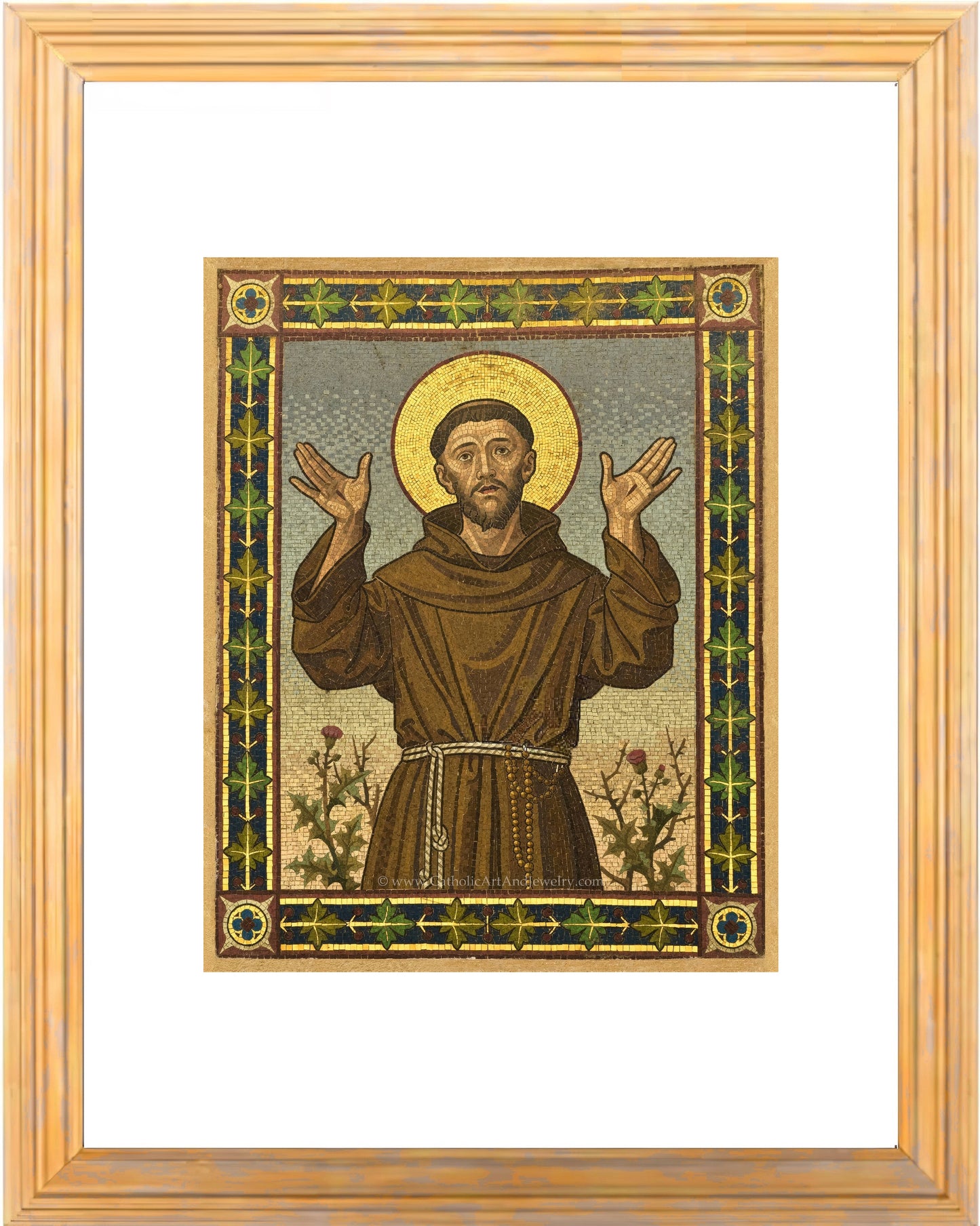 a painting of jesus holding his hands up