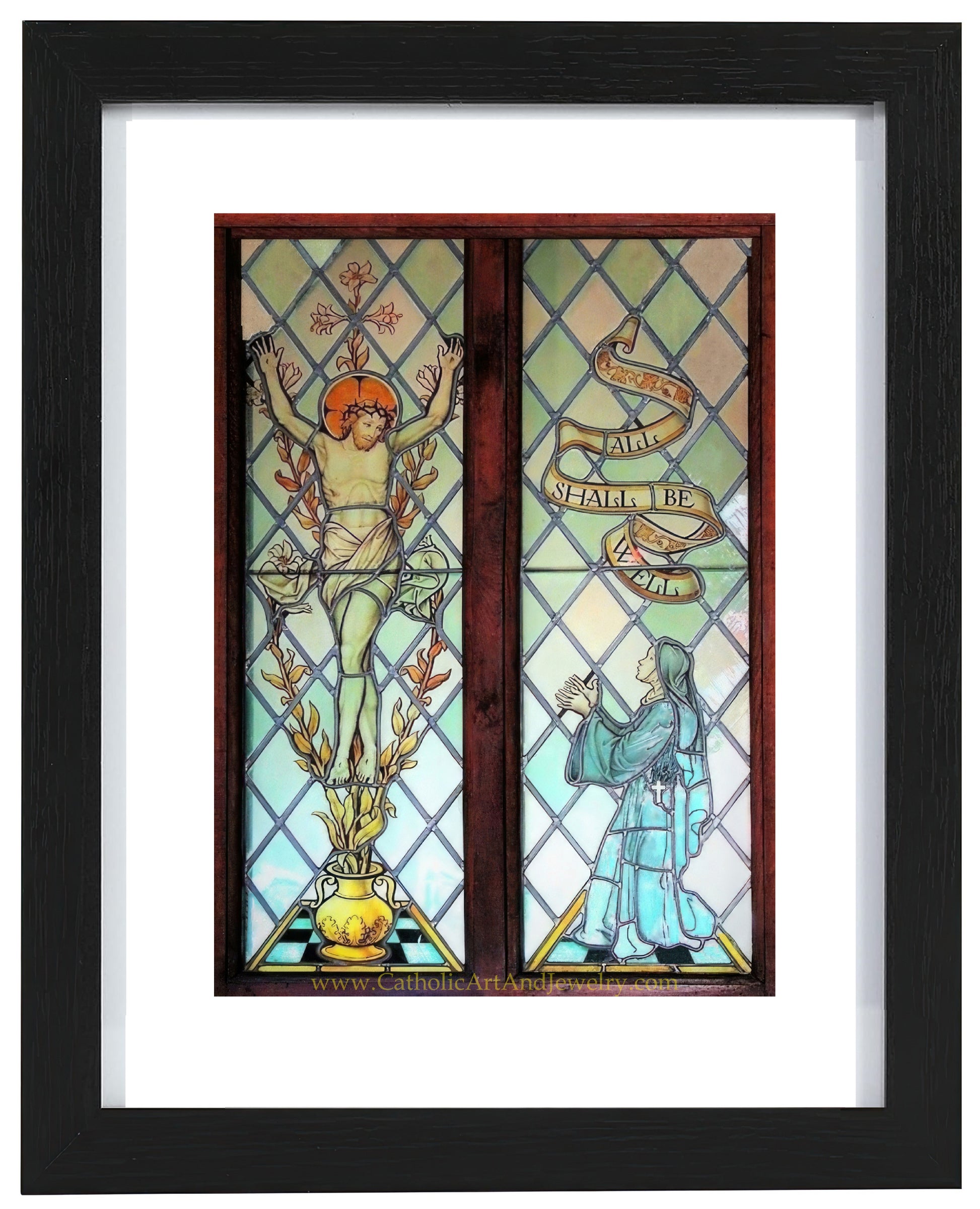 a stained glass window with a woman standing next to it