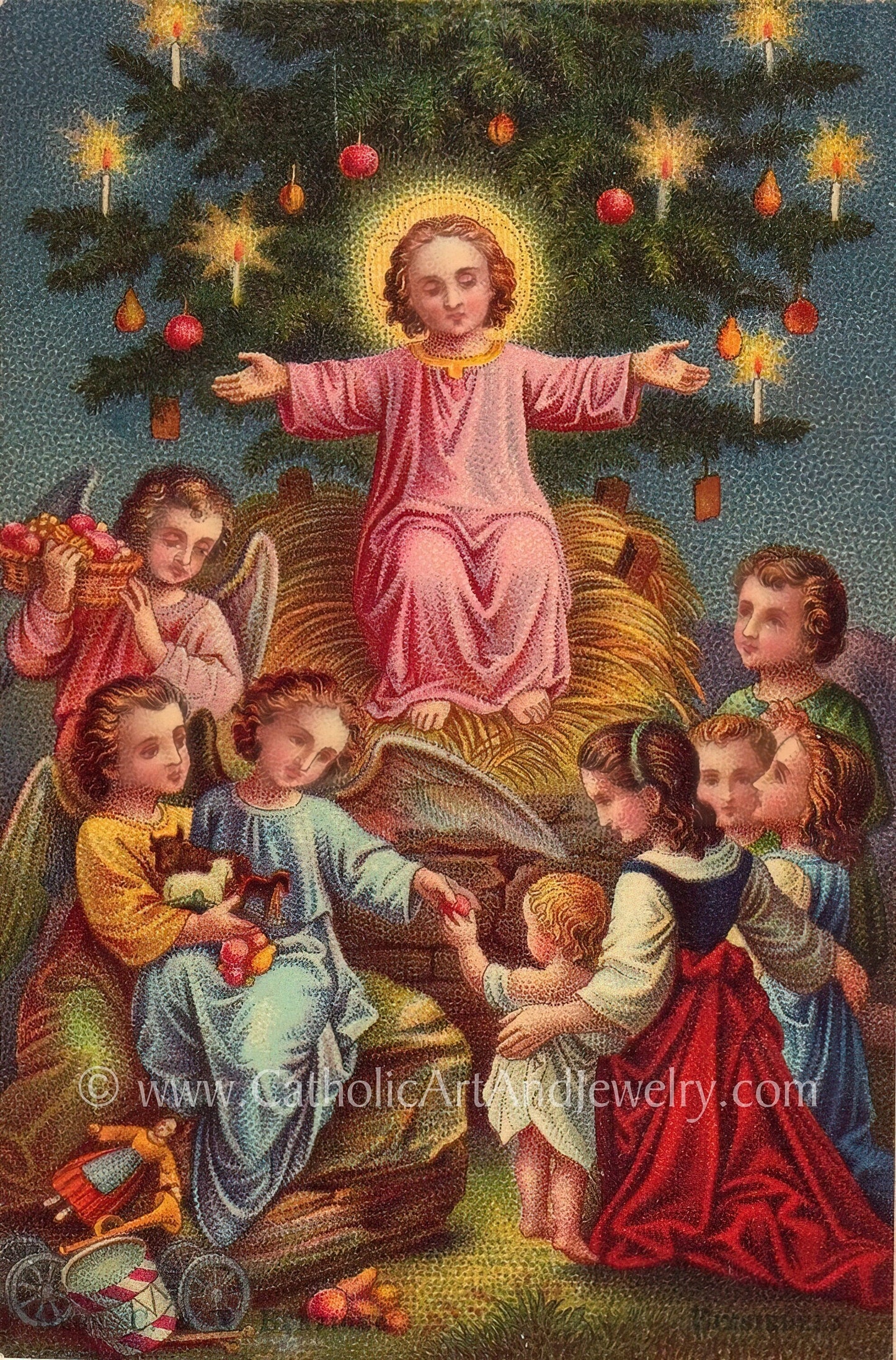 Christmas with Jesus – Victorian Christmas Ornament –Jesus in the Manager with the Christmas Tree – Based on a Vintage Holy Card - Catholic Art and Jewelry