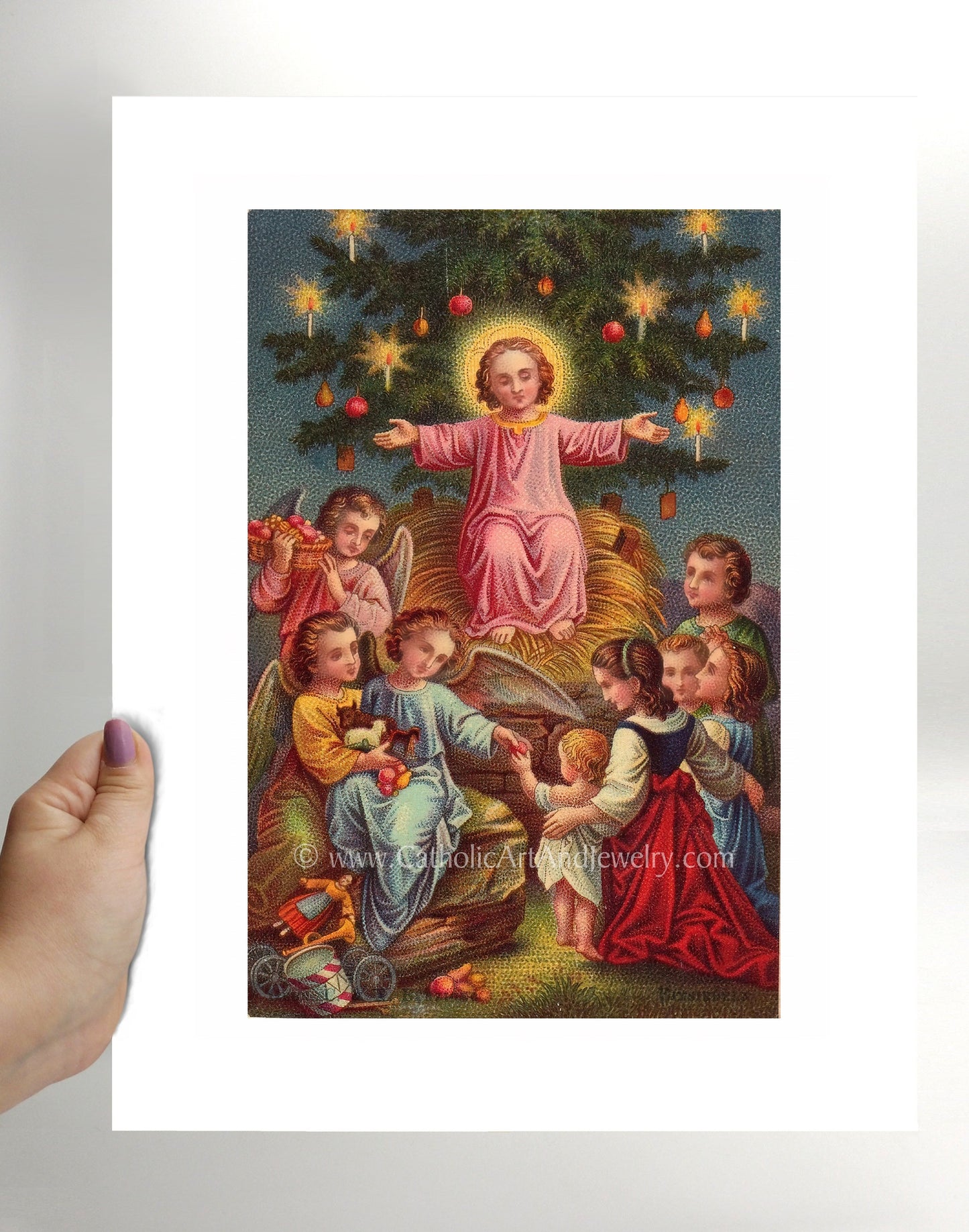 Christmas with Jesus – Victorian Christmas Print –Jesus in the Manager with the Christmas Tree – Based on a Vintage Holy Card - Catholic Art and Jewelry