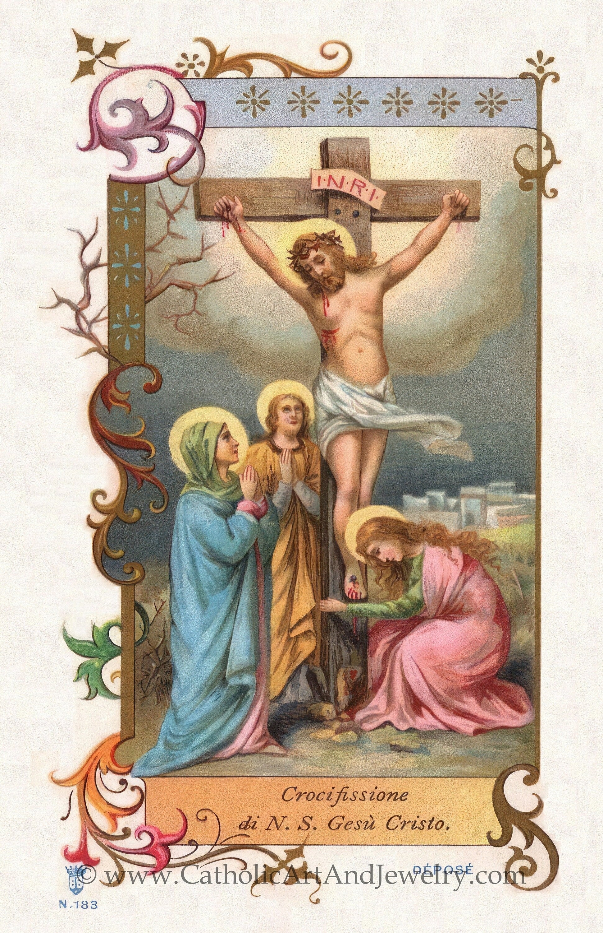 Crucifixion – Based on a 19th Century Italian Lithograph – Restored Vintage Holy Card - Catholic Art and Jewelry