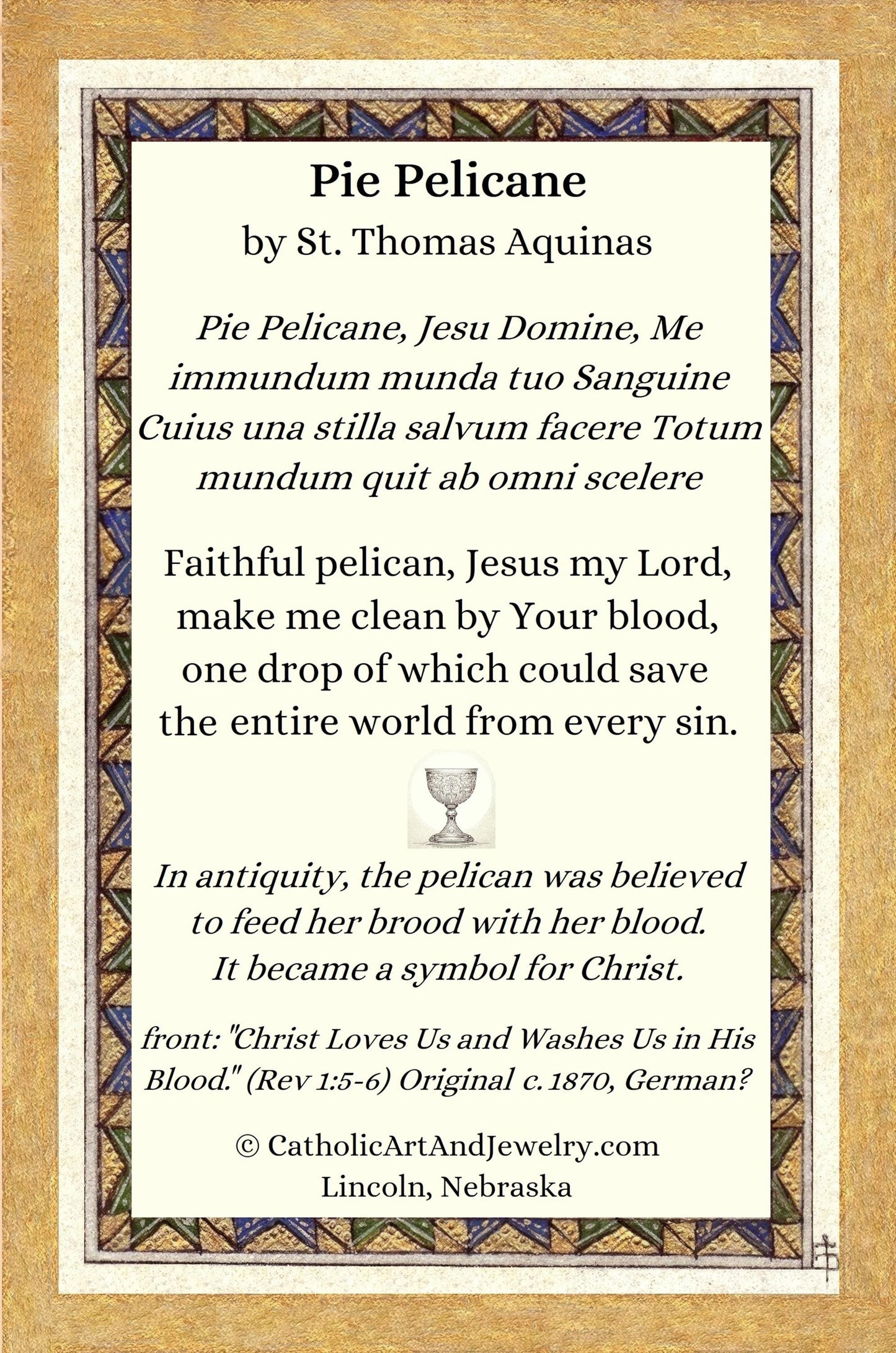 New! Christ Loves Us and Washes Us in His Blood – Pelican Symbol of Christ – Aquinas – pack of 10/100/1000 – Restored Vintage Holy Card