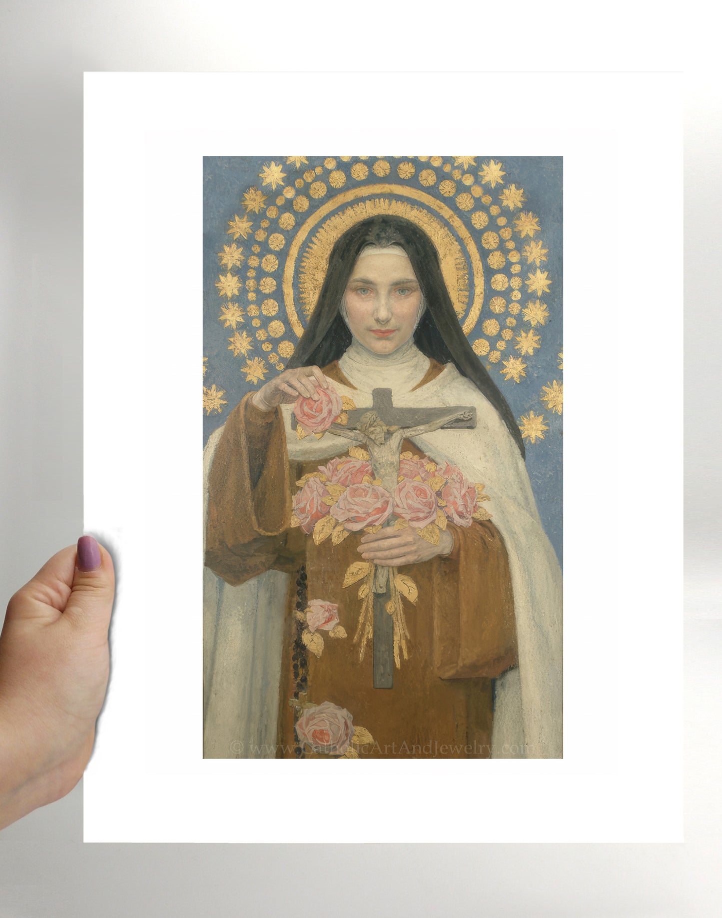 a painting of a woman holding a cross