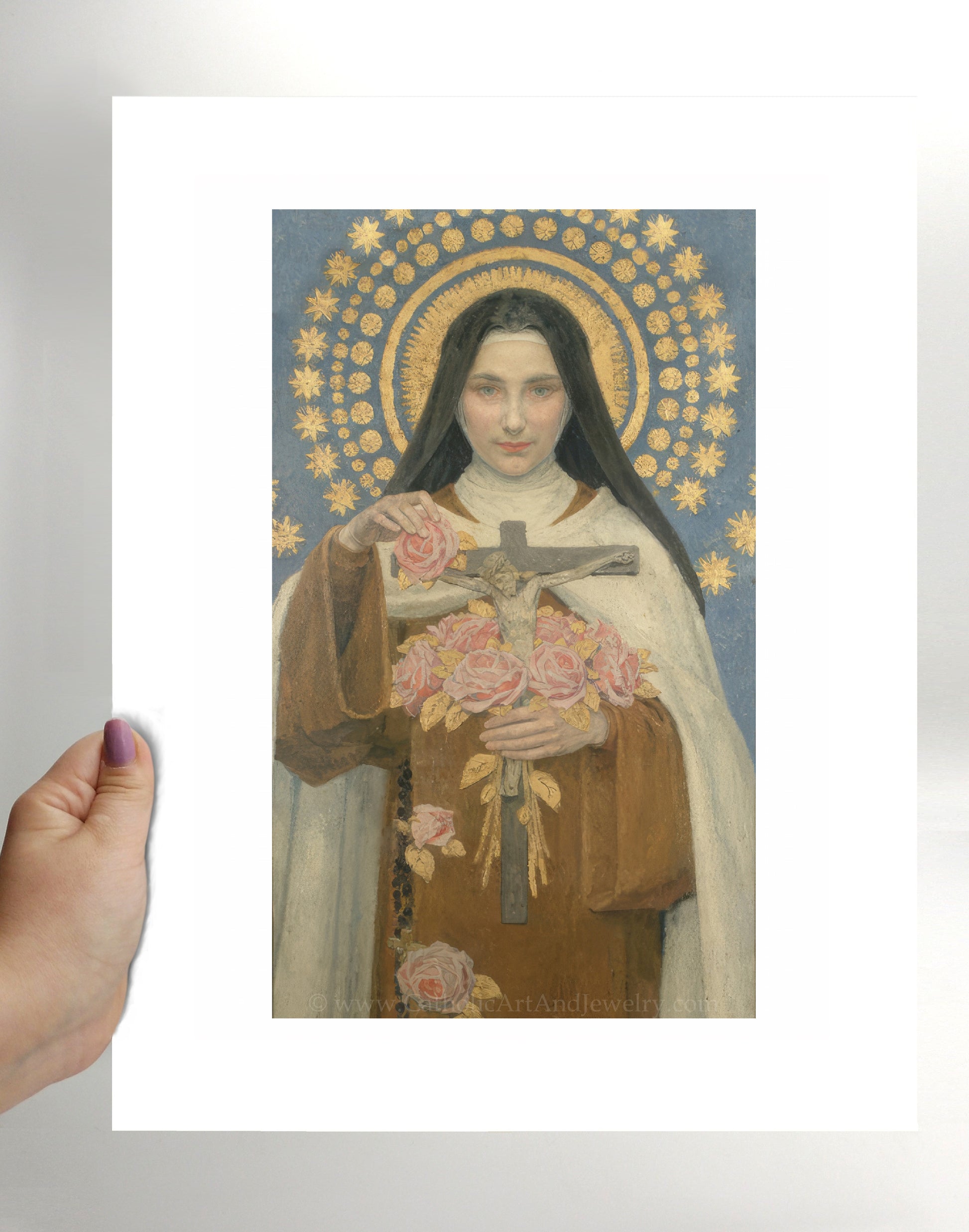 a painting of a woman holding a cross