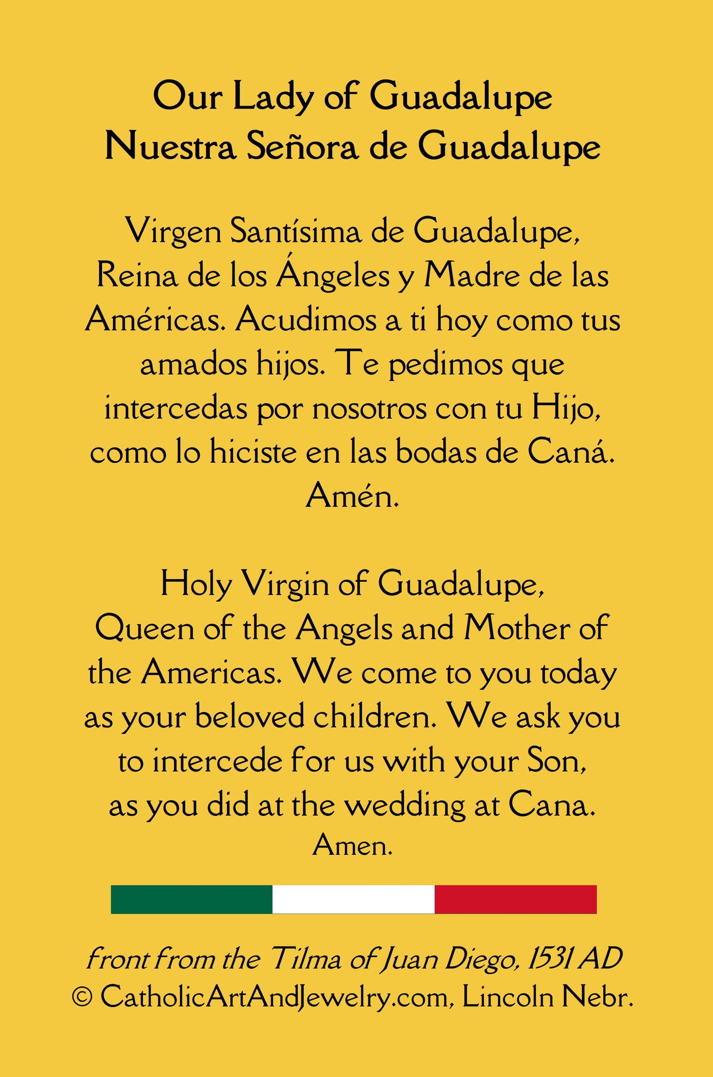 New! Our Lady of Guadalupe Holy Card – English & Spanish– Española y Inglesa – pack of 10/100/1000 – Restored Vintage Holy Card