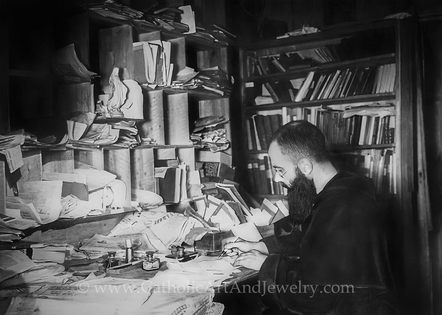 New! St. Maximilian Kolbe at His Desk – Exclusive Restored Photo – 3 sizes – Catholic Art Print – Archival – Catholic Gift