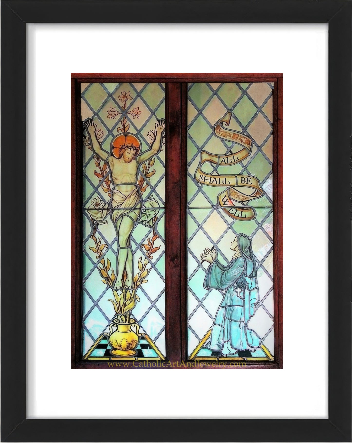 a stained glass window with a man and a woman