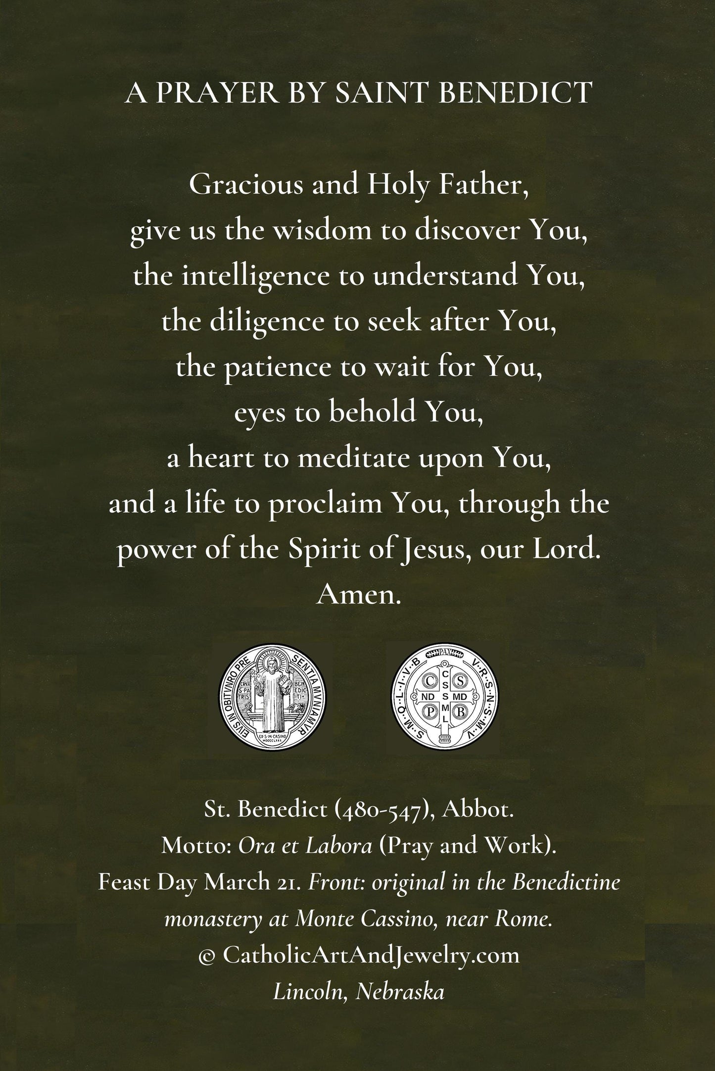 New! St. Benedict – Art from a Benedictine Abbey – Prayer by St Benedict – Based on a Vintage Holy Card – pack of 10/100/1000