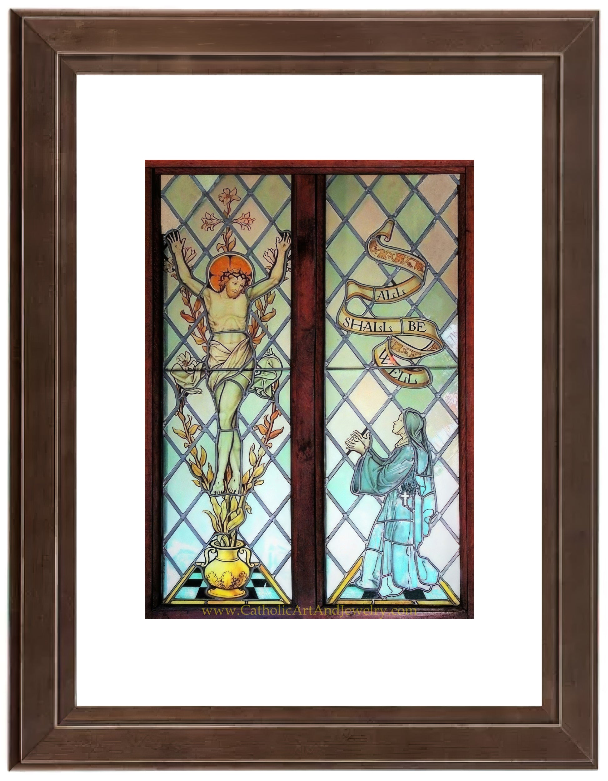 a picture of a stained glass window with a woman on it