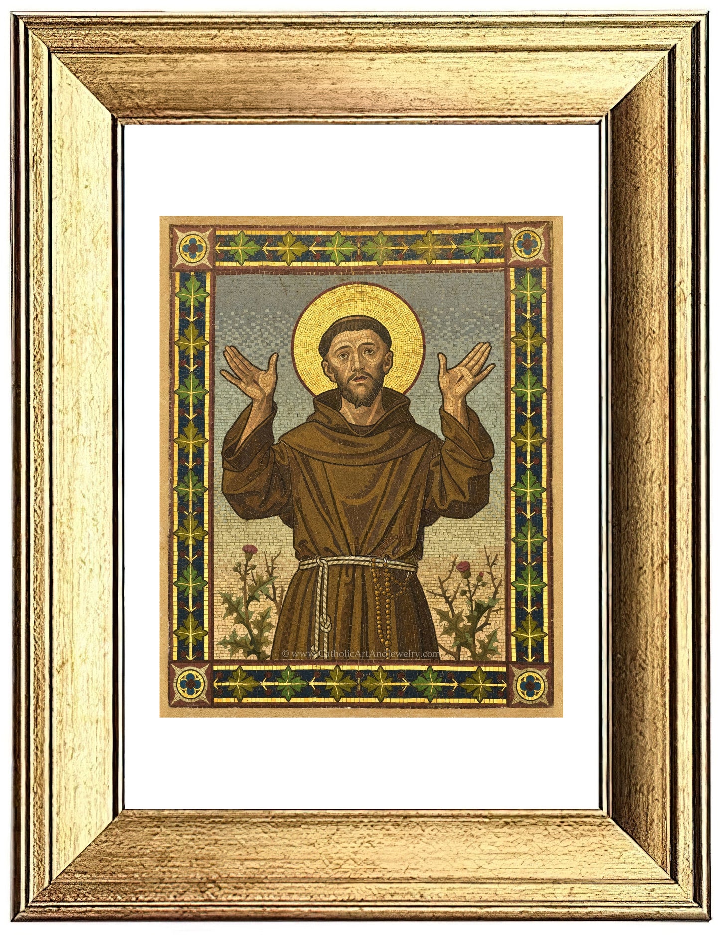 a painting of jesus holding his hands up