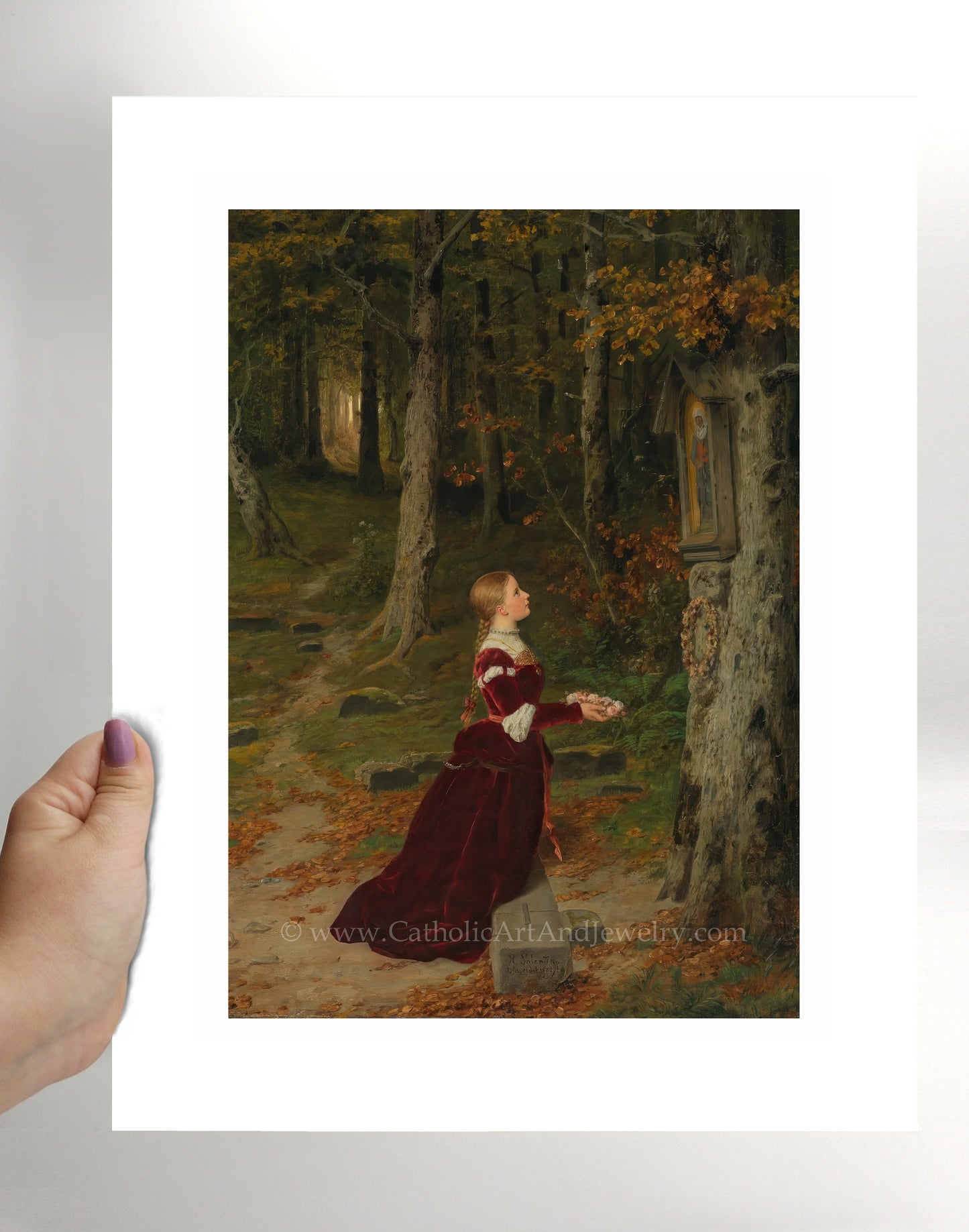 a painting of a woman in a red dress in a forest