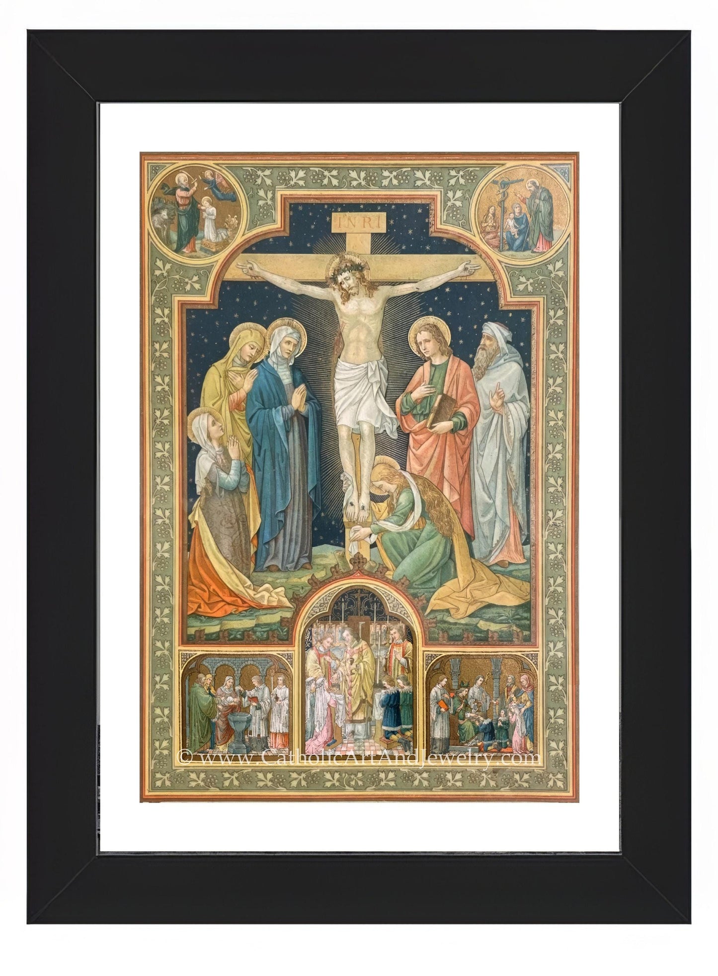 a painting of jesus on the cross with other people