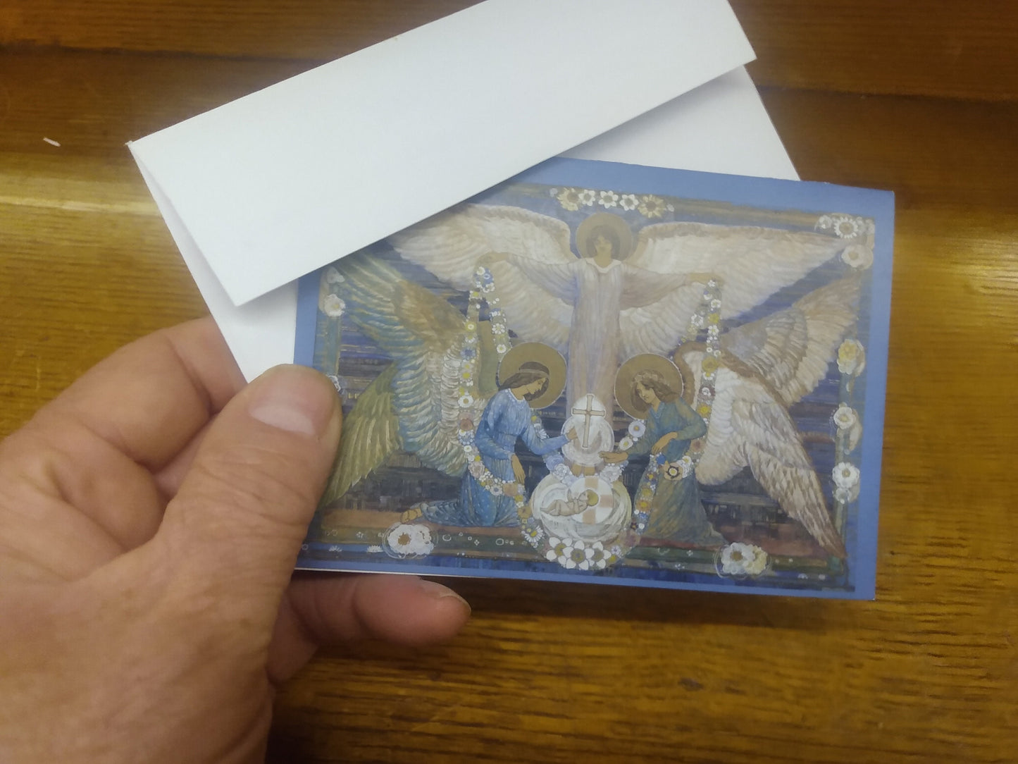 SALE! Small Christmas Card / Greeting Card – Angels Garlanding Baby Jesus – 3.5x5" – With Envelope – 1 / 10 / 50 / 100 – by Ann Macbeth